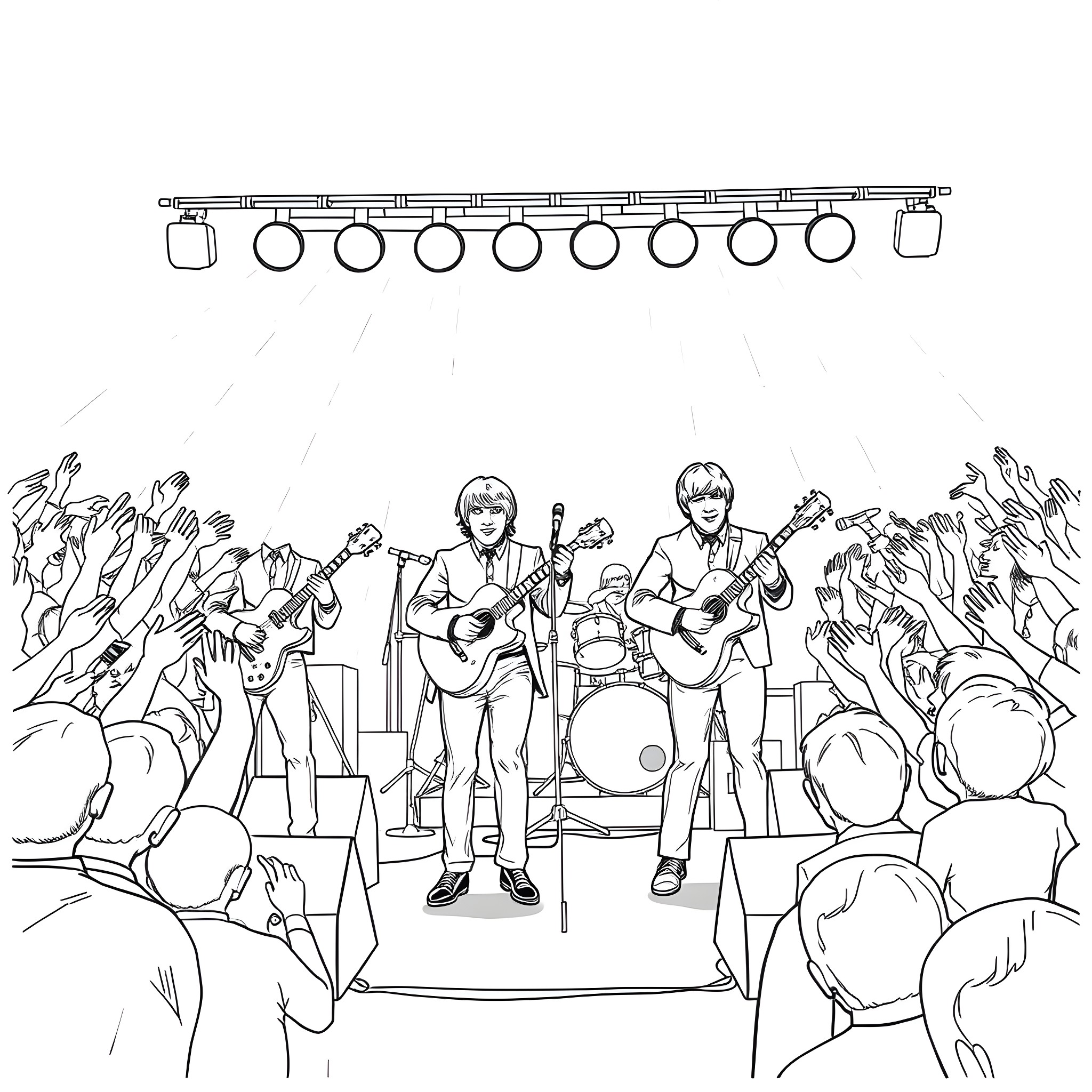 Beatles performing on stage in front of crowd Coloring Page (free black-and-white line drawing printable PDF for all, from beginners to advanced learners, including children, teens, adults, and seniors)