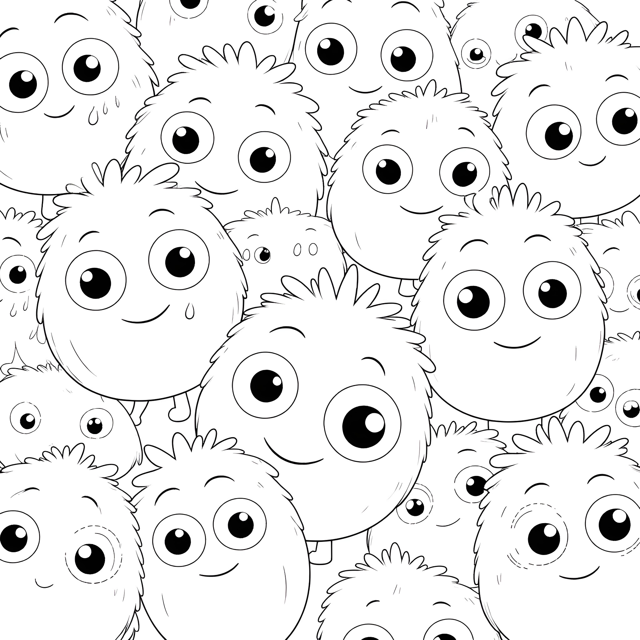 Monster Gathering with Expressive Faces Coloring Page (free black-and-white line drawing printable PDF for all, from beginners to advanced learners, including children, teens, adults, and seniors)
