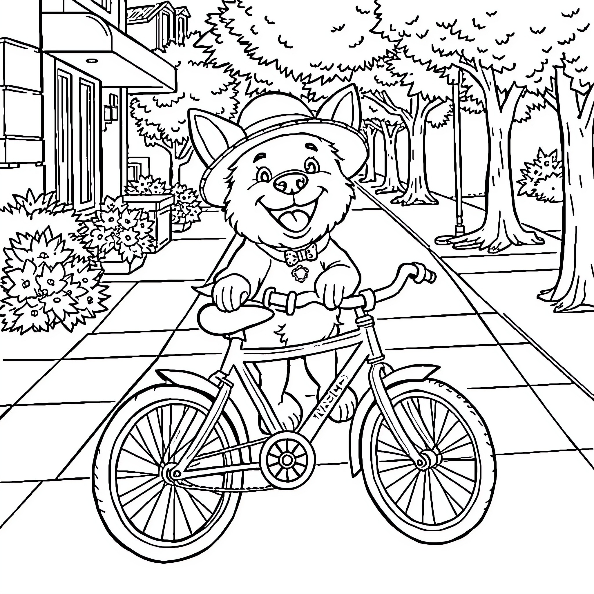 Dog Riding Bicycle in Outdoor Park Coloring Page (free black-and-white line drawing printable PDF for all, from beginners to advanced learners, including children, teens, adults, and seniors)
