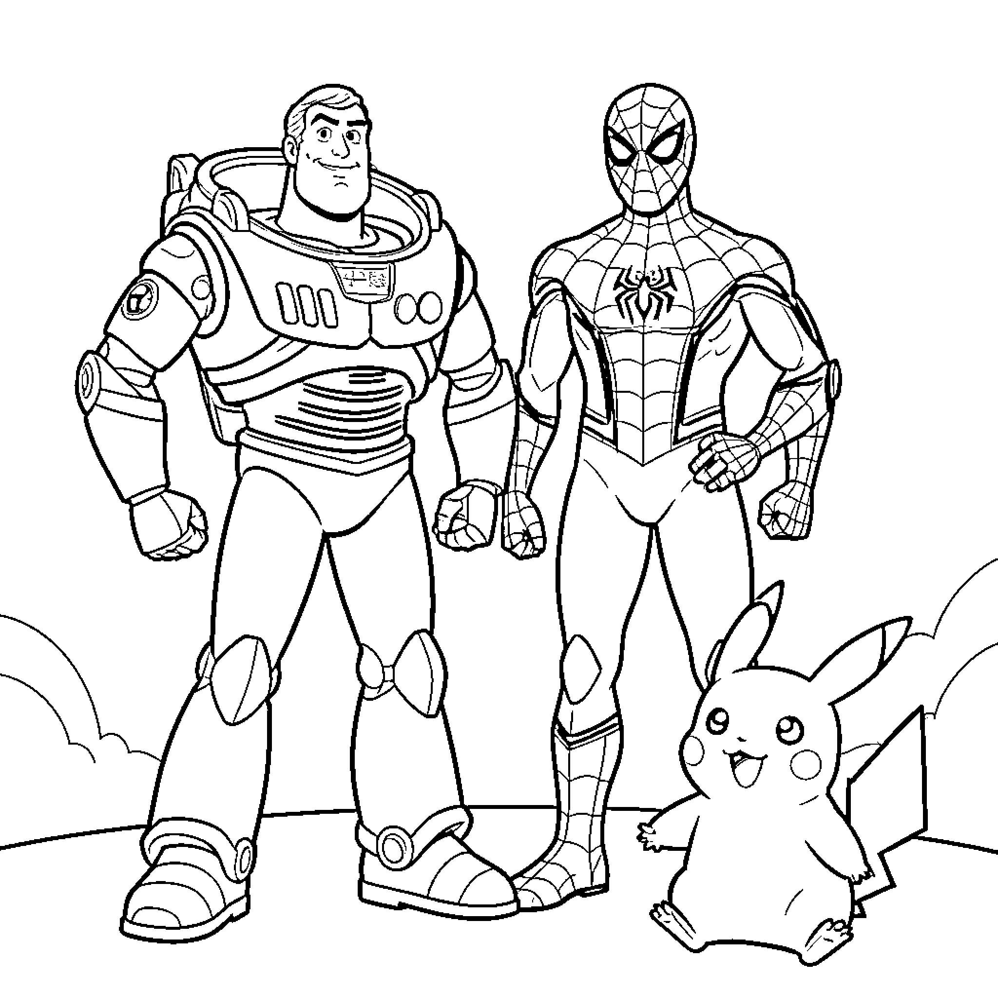 Buzz Lightyear standing with Spider-Man and Pikachu Coloring Page (free black-and-white line drawing printable PDF for all, from beginners to advanced learners, including children, teens, adults, and seniors)