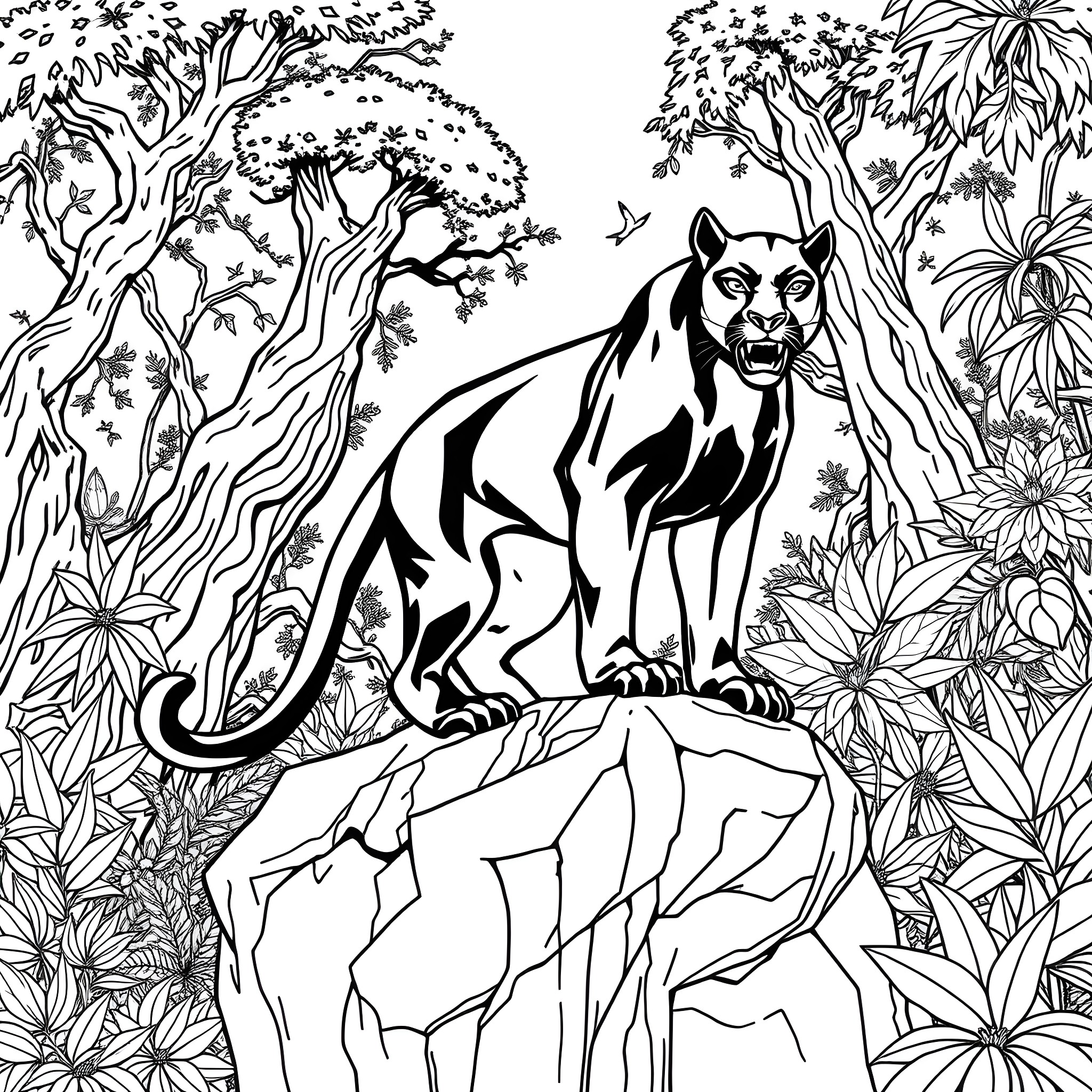 Panther standing tall in the lush jungle Coloring Page (free black-and-white line drawing printable PDF for all, from beginners to advanced learners, including children, teens, adults, and seniors)