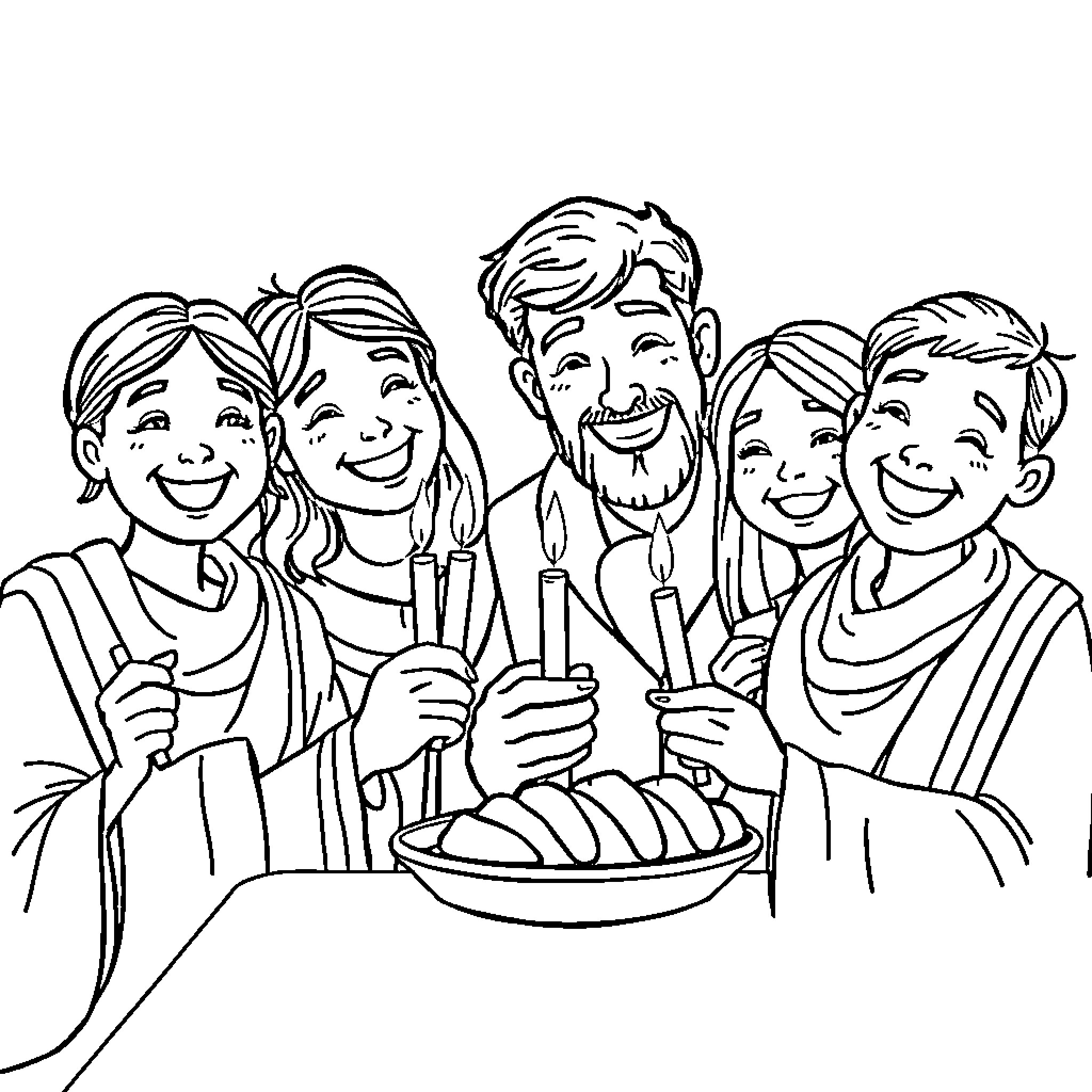 Family Celebrating with Birthday Cake and Candles Coloring Page (free black-and-white line drawing printable PDF for all, from beginners to advanced learners, including children, teens, adults, and seniors)