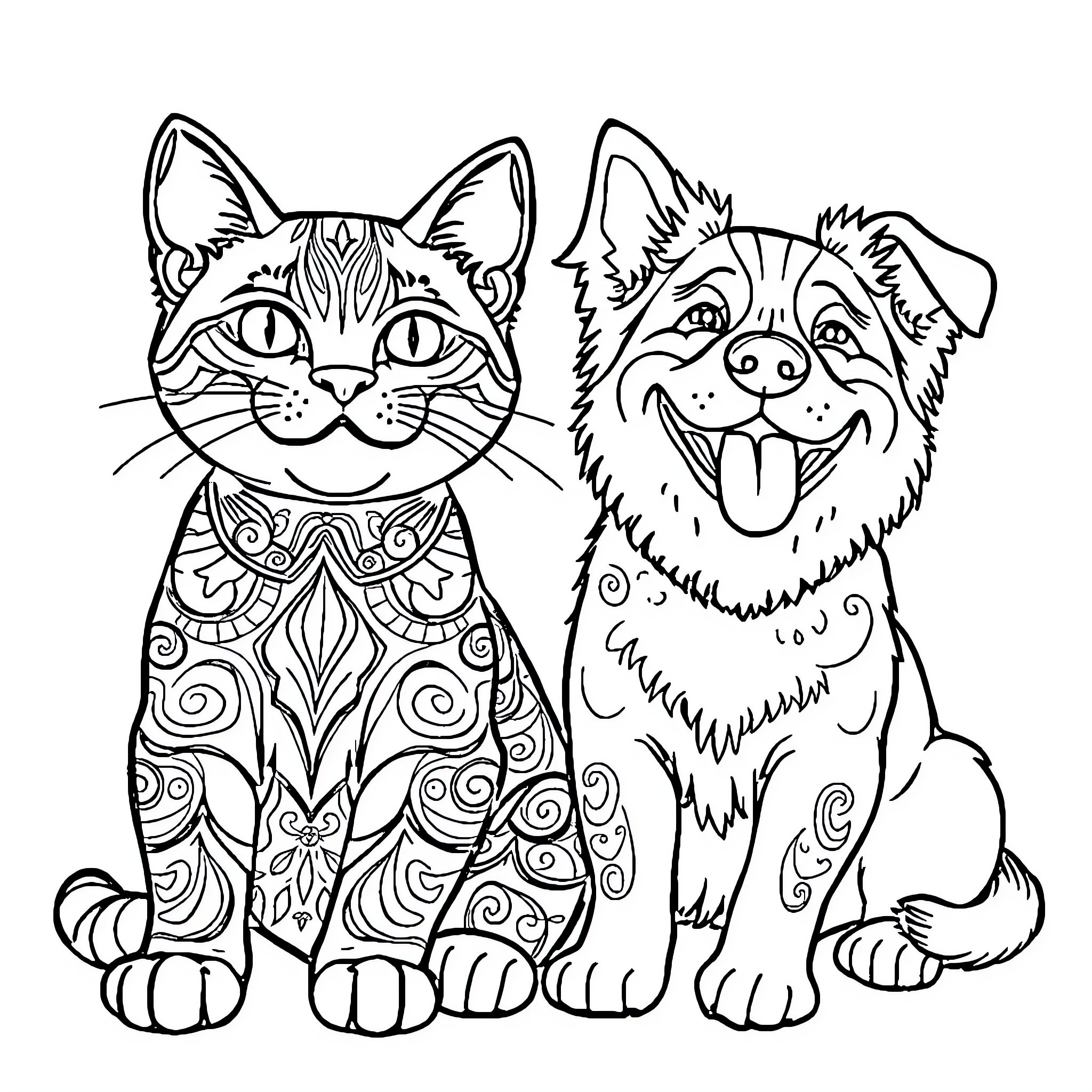 Cat and Dog in Ornate Designs Coloring Page (free black-and-white line drawing printable PDF for all, from beginners to advanced learners, including children, teens, adults, and seniors)