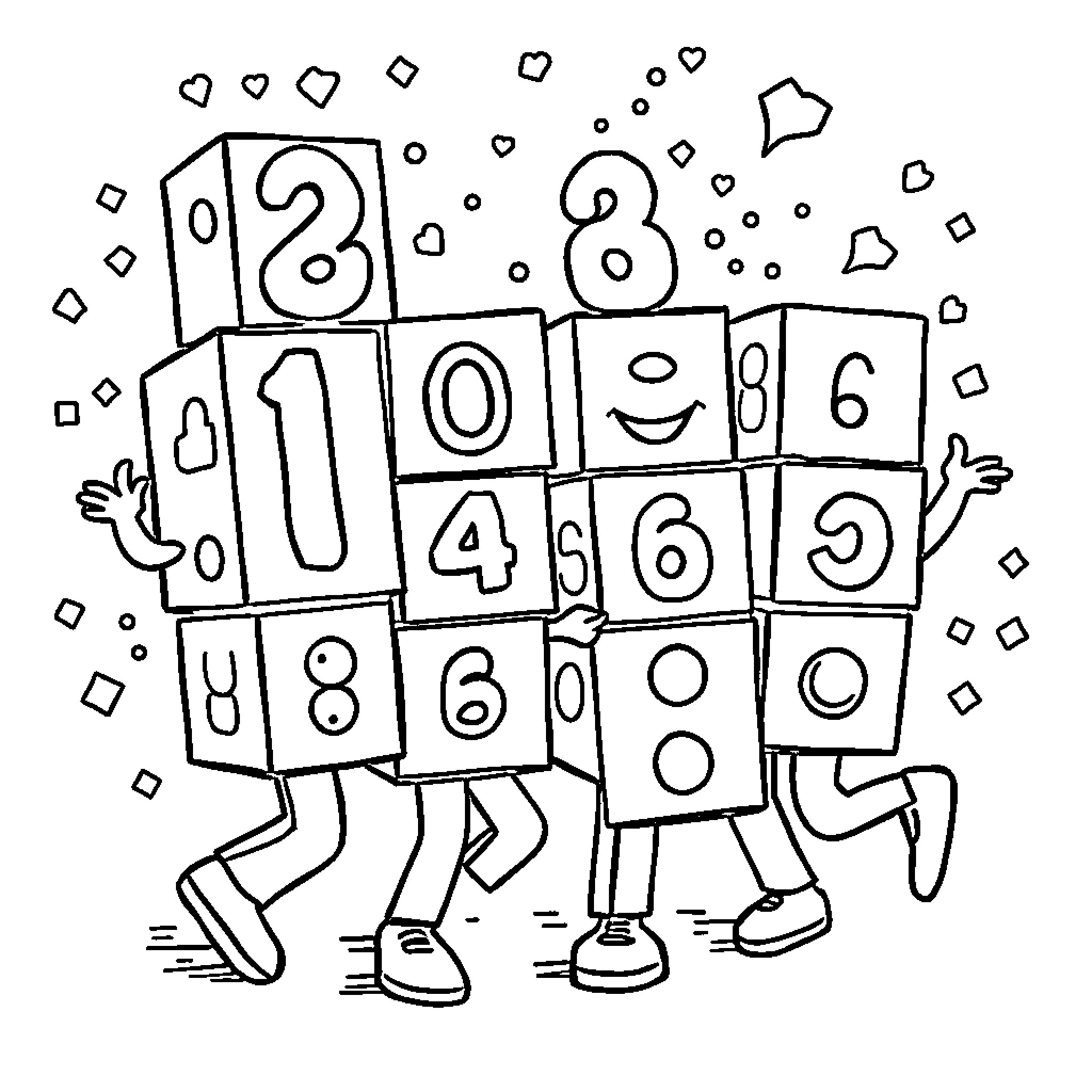 Numberblocks dancing together with joy Coloring Page (free black-and-white line drawing printable PDF for all, from beginners to advanced learners, including children, teens, adults, and seniors)