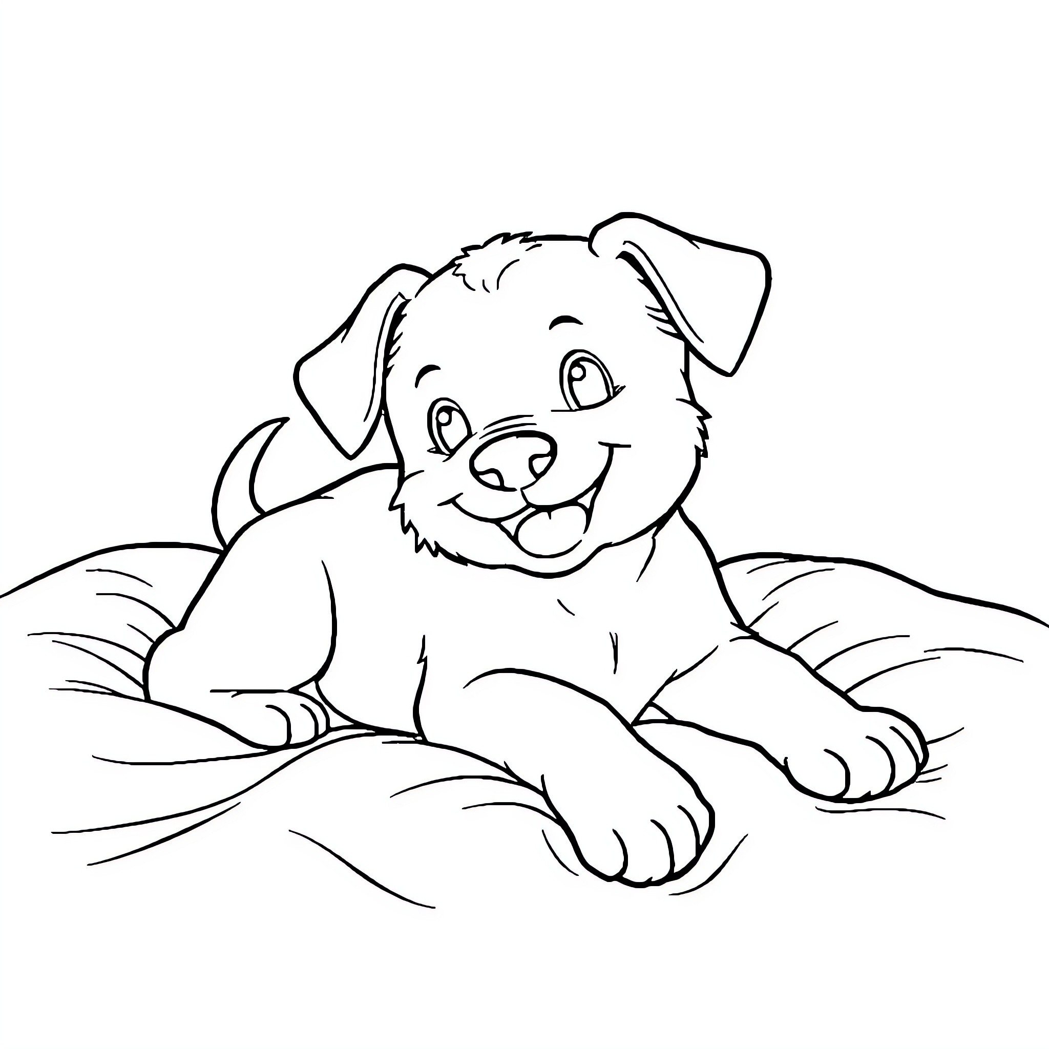 Puppy relaxing happily on the couch Coloring Page (free black-and-white line drawing printable PDF for all, from beginners to advanced learners, including children, teens, adults, and seniors)