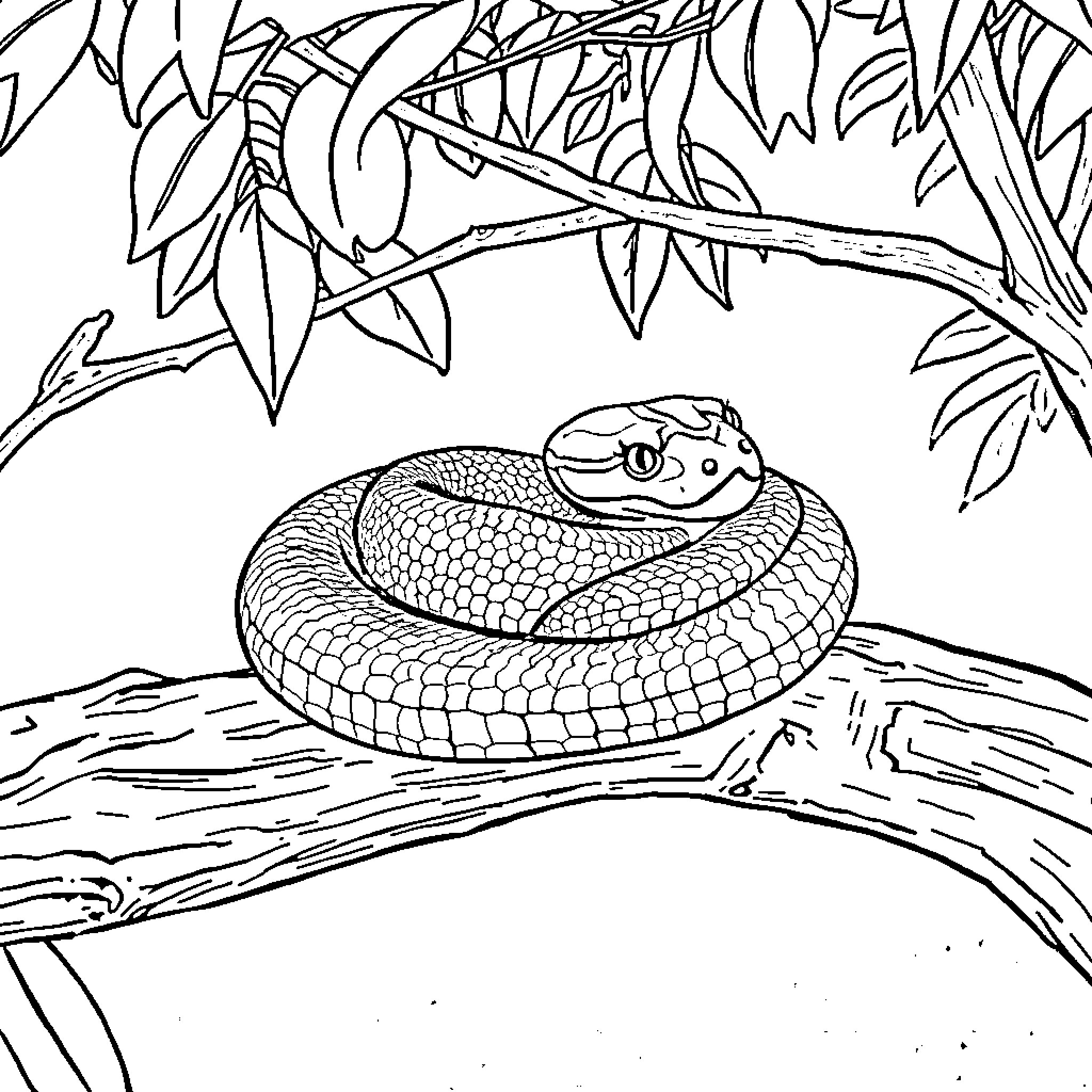 Corn Snake Relaxing on a Branch Coloring Page (free black-and-white line drawing printable PDF for all, from beginners to advanced learners, including children, teens, adults, and seniors)