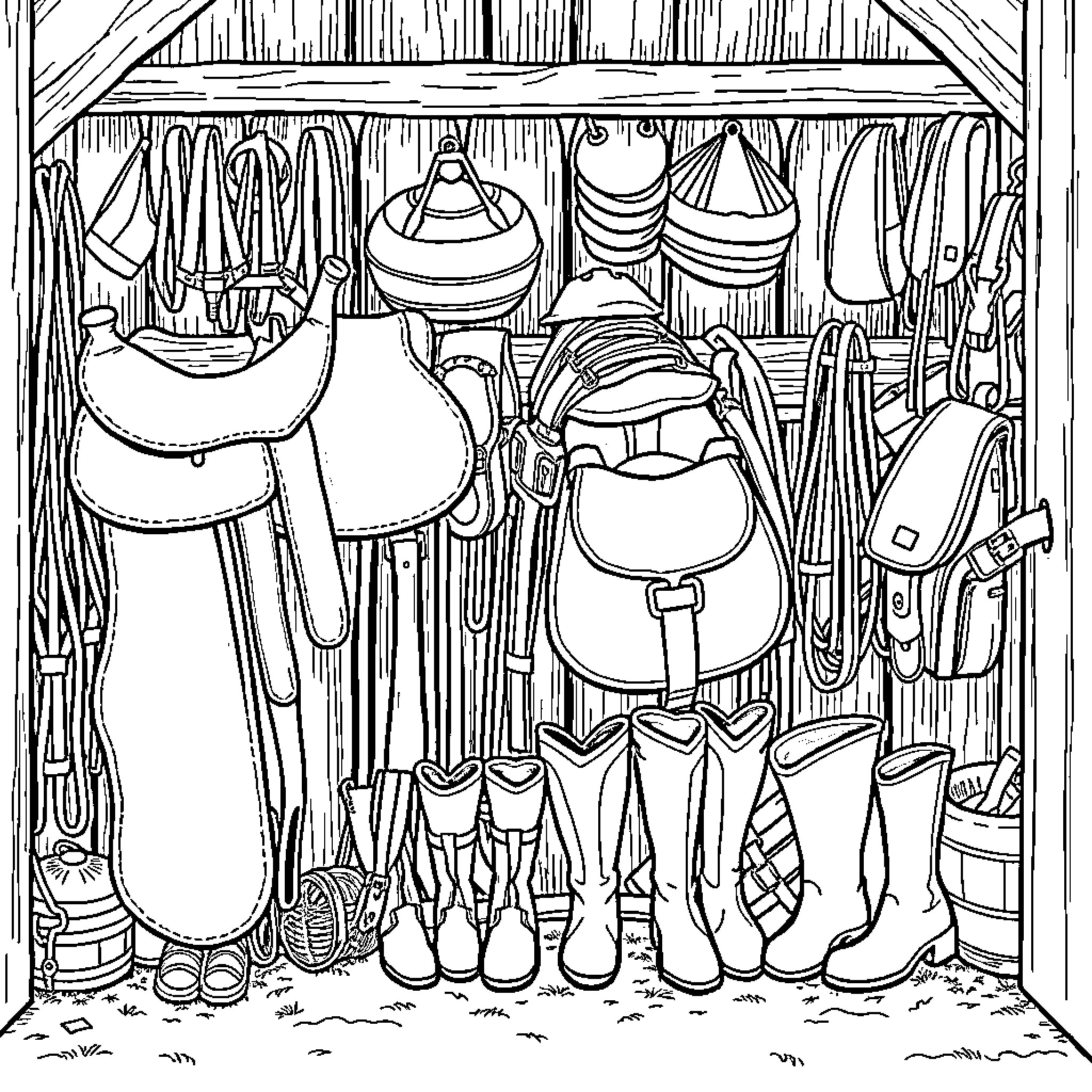 Equestrian Equipment Displayed in a Cozy Barn Coloring Page (free black-and-white line drawing printable PDF for all, from beginners to advanced learners, including children, teens, adults, and seniors)