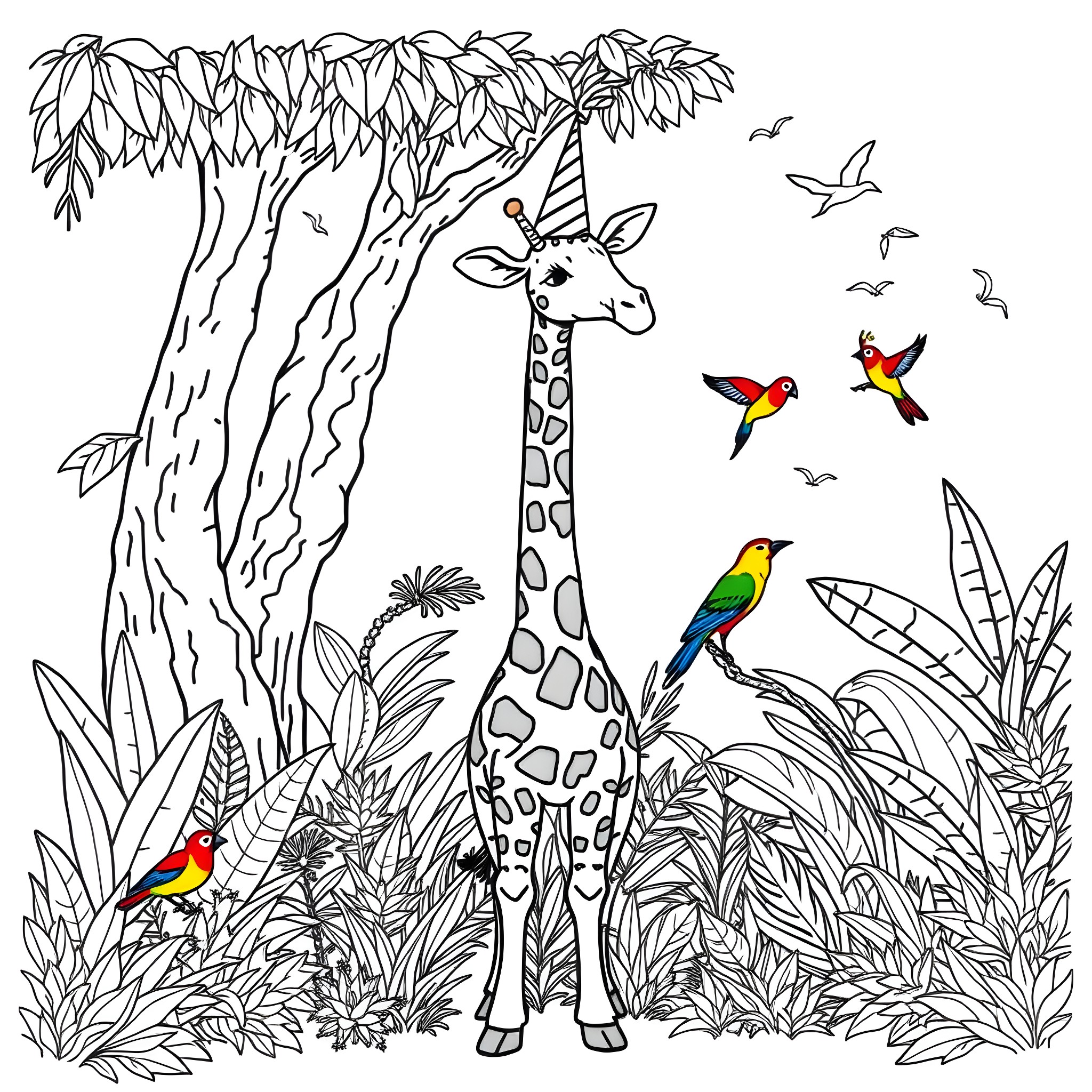 Giraffe in a Lush Tropical Scene Coloring Page (free black-and-white line drawing printable PDF for all, from beginners to advanced learners, including children, teens, adults, and seniors)