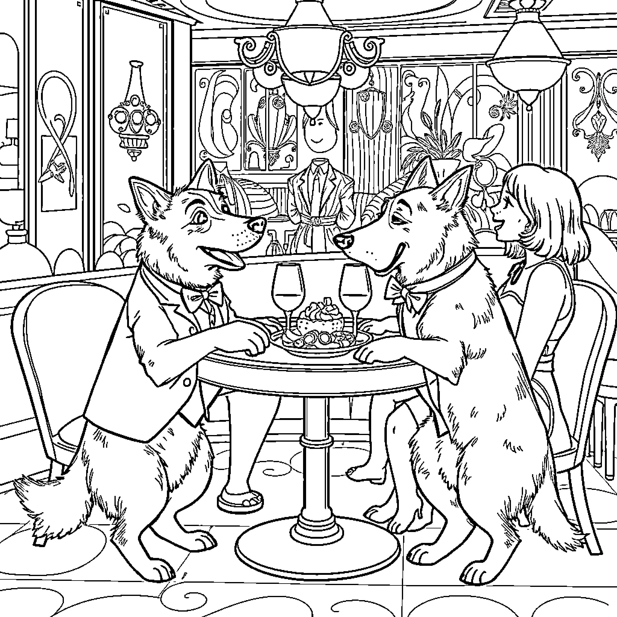 Dog couples enjoying a fancy dinner together Coloring Page (free black-and-white line drawing printable PDF for all, from beginners to advanced learners, including children, teens, adults, and seniors)