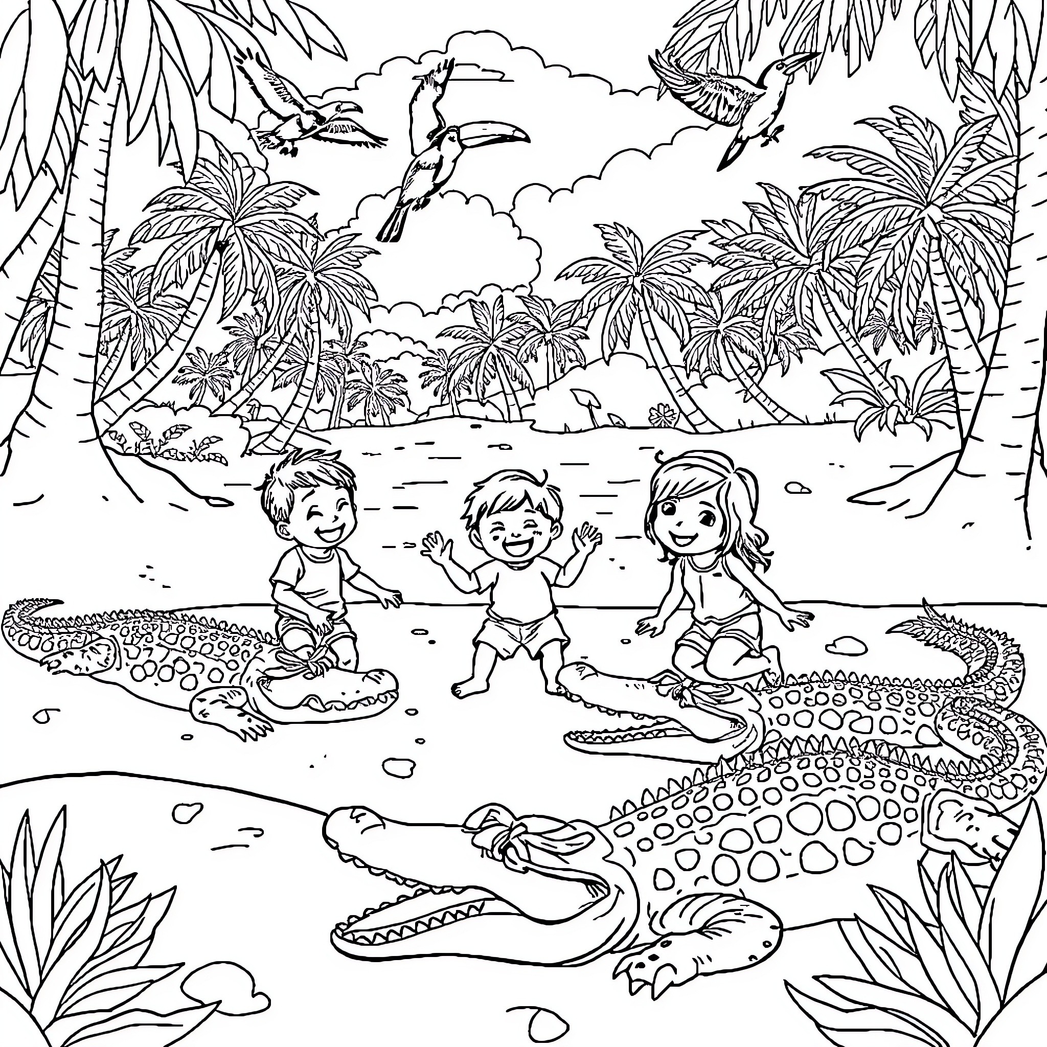 Children playing happily in a tropical paradise Coloring Page (free black-and-white line drawing printable PDF for all, from beginners to advanced learners, including children, teens, adults, and seniors)