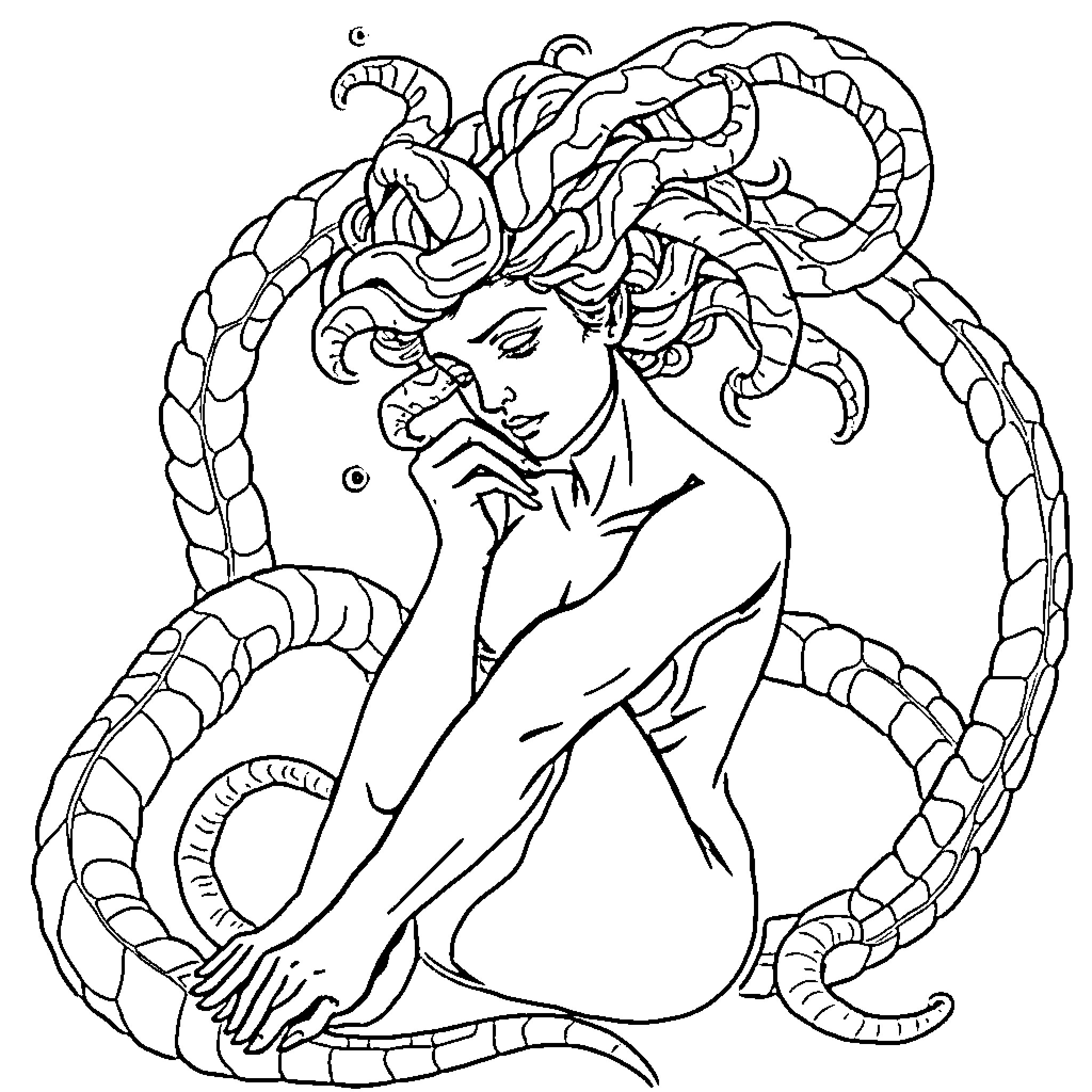 Medusa's Contemplative Repose Coloring Page (free black-and-white line drawing printable PDF for all, from beginners to advanced learners, including children, teens, adults, and seniors)