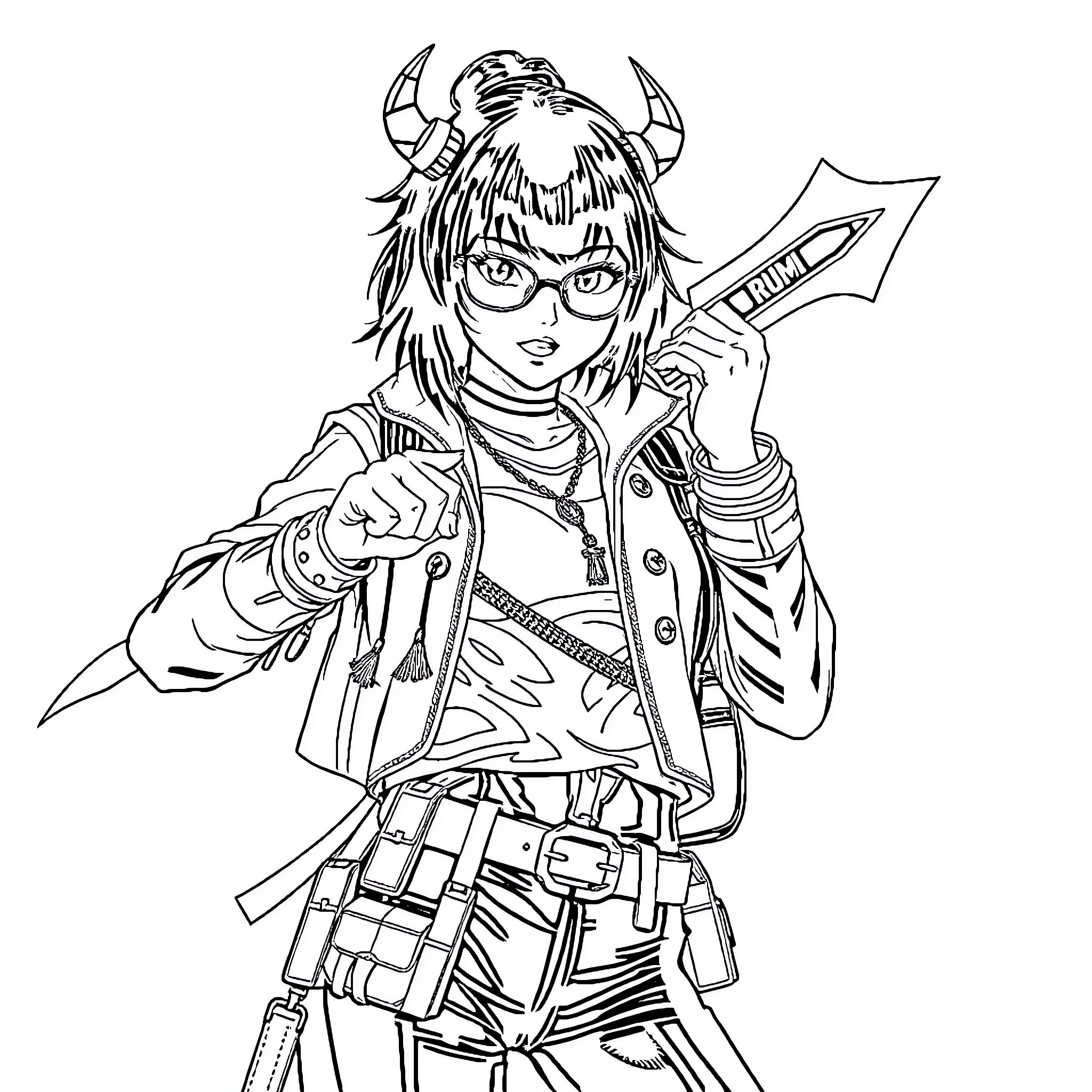 Rumi's Heroic Warrior Attire and Gear Coloring Page (free black-and-white line drawing printable PDF for all, from beginners to advanced learners, including children, teens, adults, and seniors)