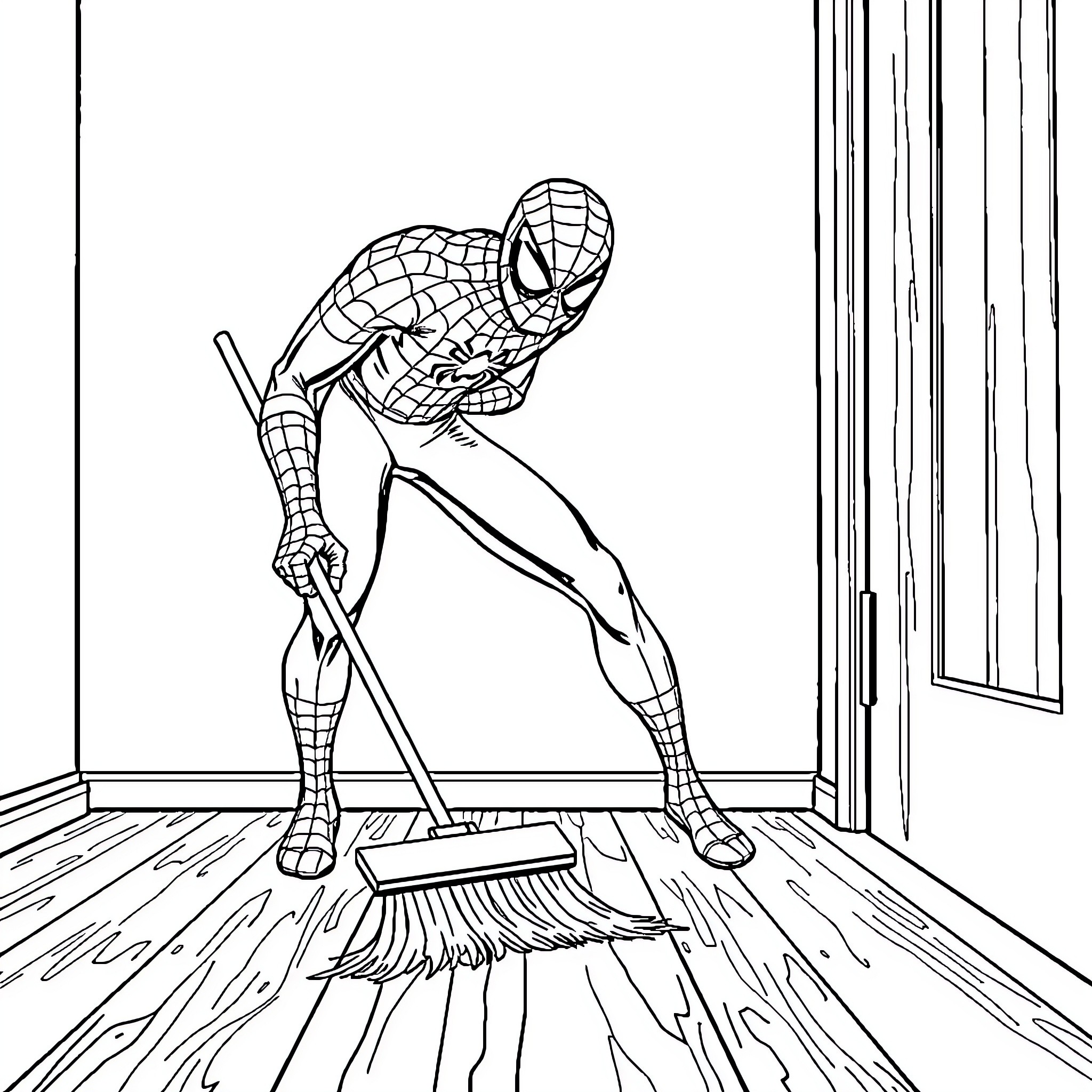 Spiderman sweeping the floor diligently Coloring Page (free black-and-white line drawing printable PDF for all, from beginners to advanced learners, including children, teens, adults, and seniors)