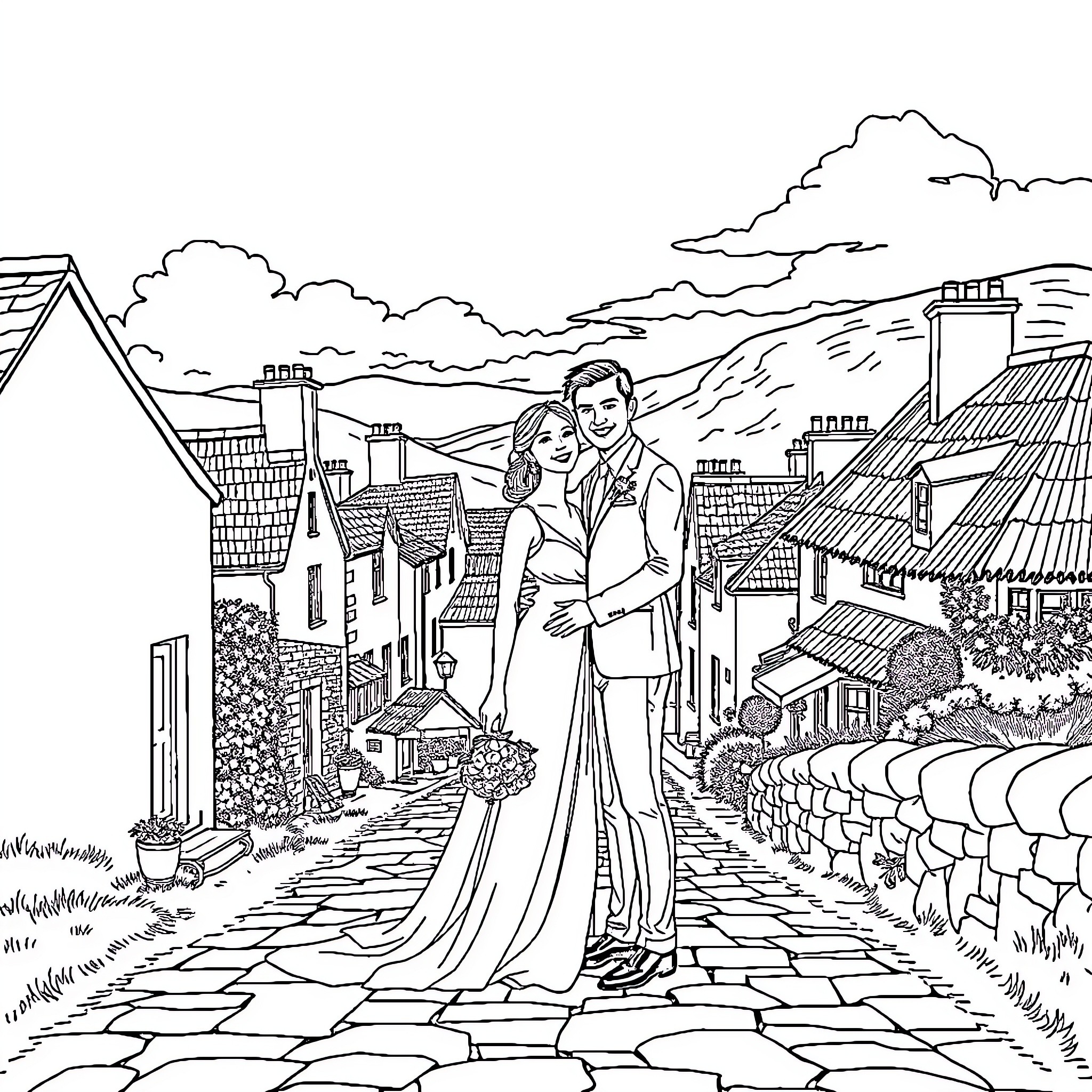 Bride and Groom Strolling Through a Picturesque Town Coloring Page (free black-and-white line drawing printable PDF for all, from beginners to advanced learners, including children, teens, adults, and seniors)