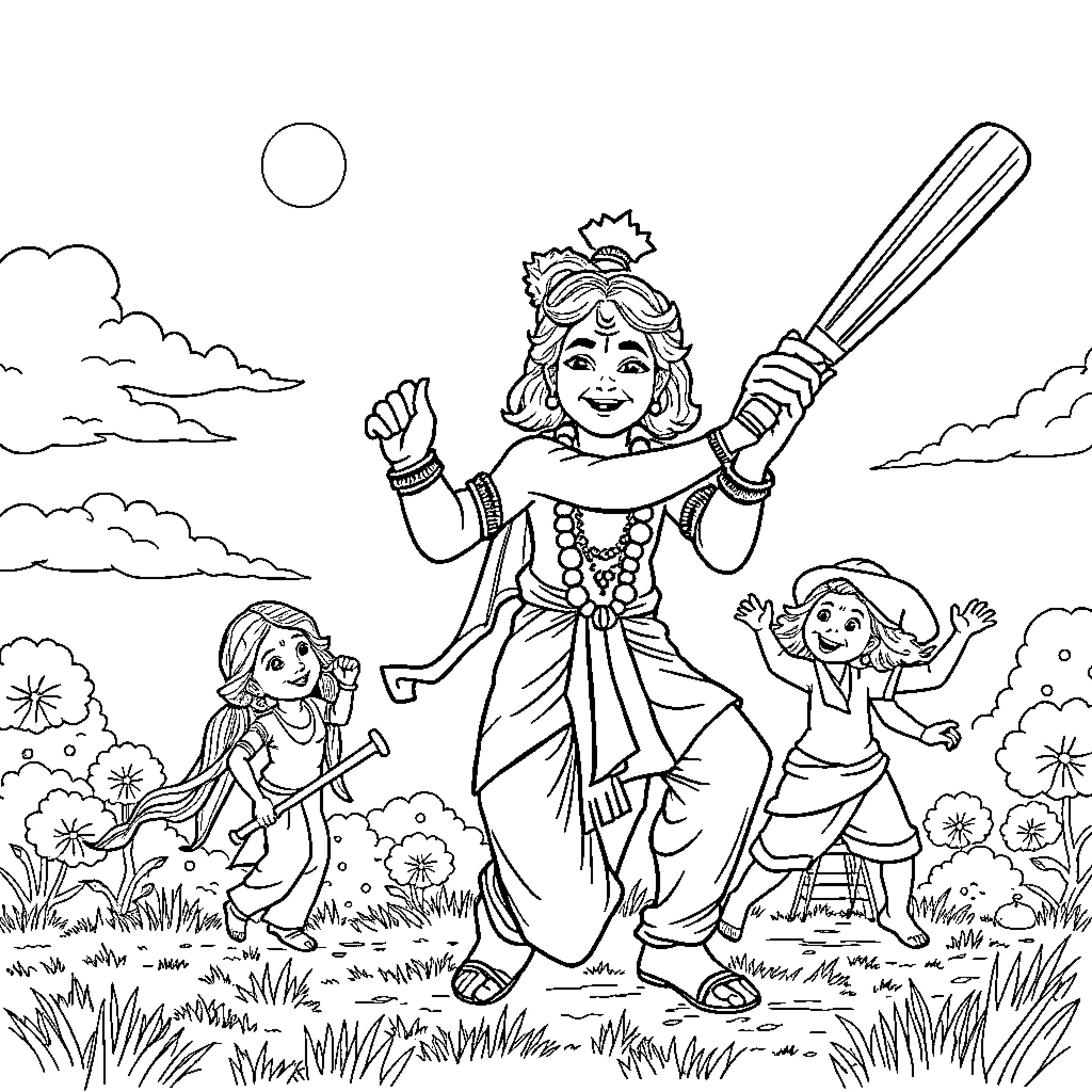 Krishna joyfully dancing with companions in a serene landscape Coloring Page (free black-and-white line drawing printable PDF for all, from beginners to advanced learners, including children, teens, adults, and seniors)