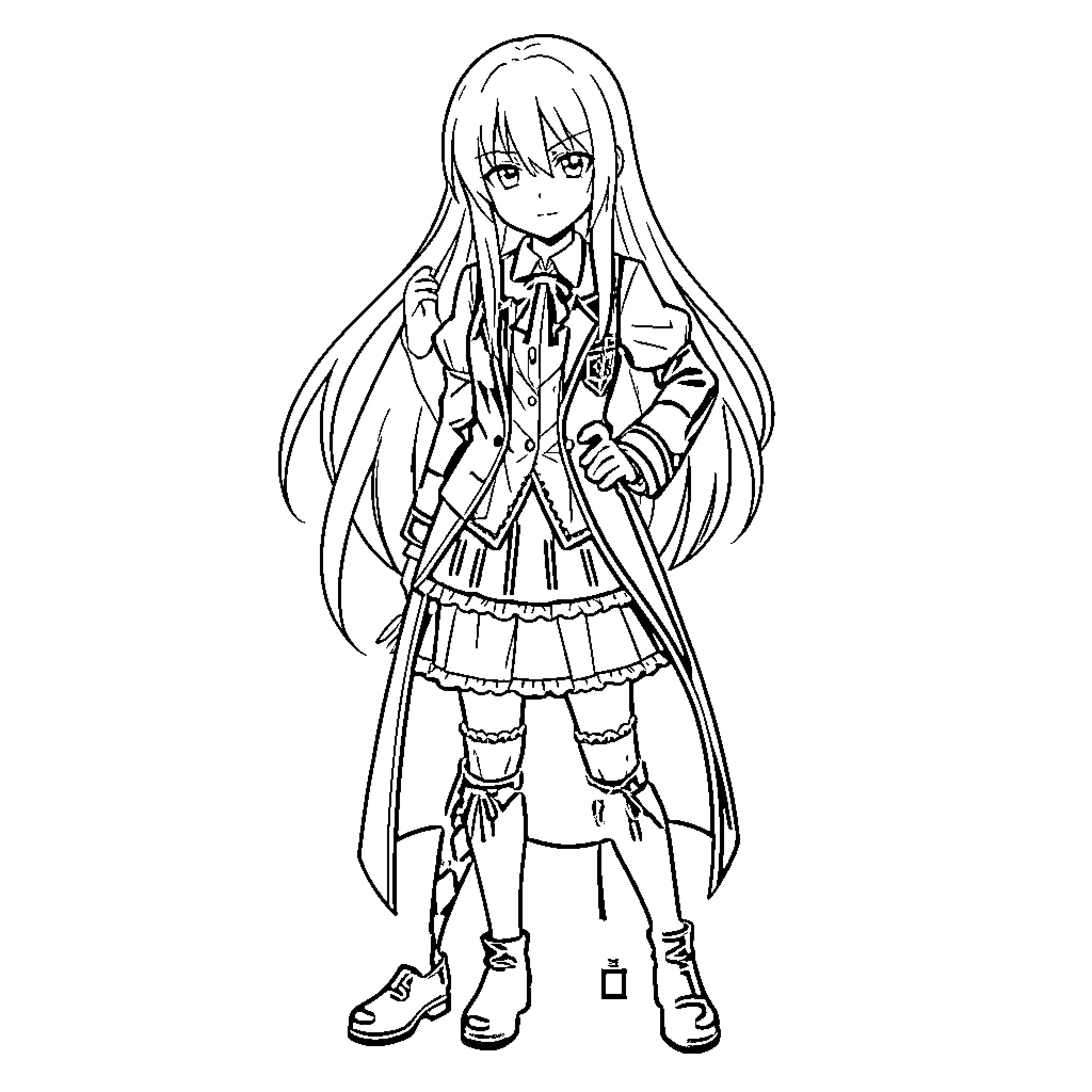 Misa in school uniform poses confidently Coloring Page (free black-and-white line drawing printable PDF for all, from beginners to advanced learners, including children, teens, adults, and seniors)