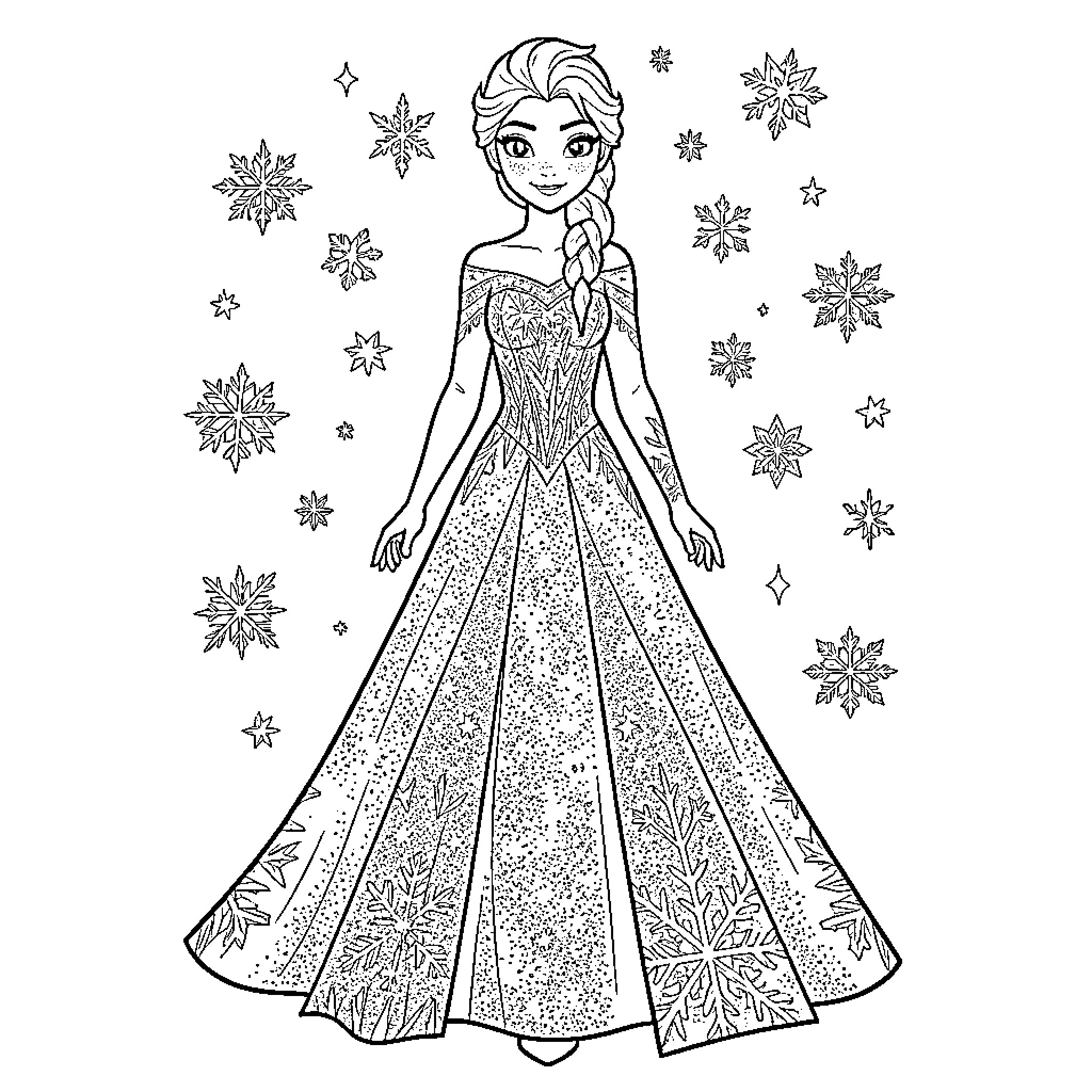 Elsa in her sparkling ice gown amidst snowflakes Coloring Page (free black-and-white line drawing printable PDF for all, from beginners to advanced learners, including children, teens, adults, and seniors)