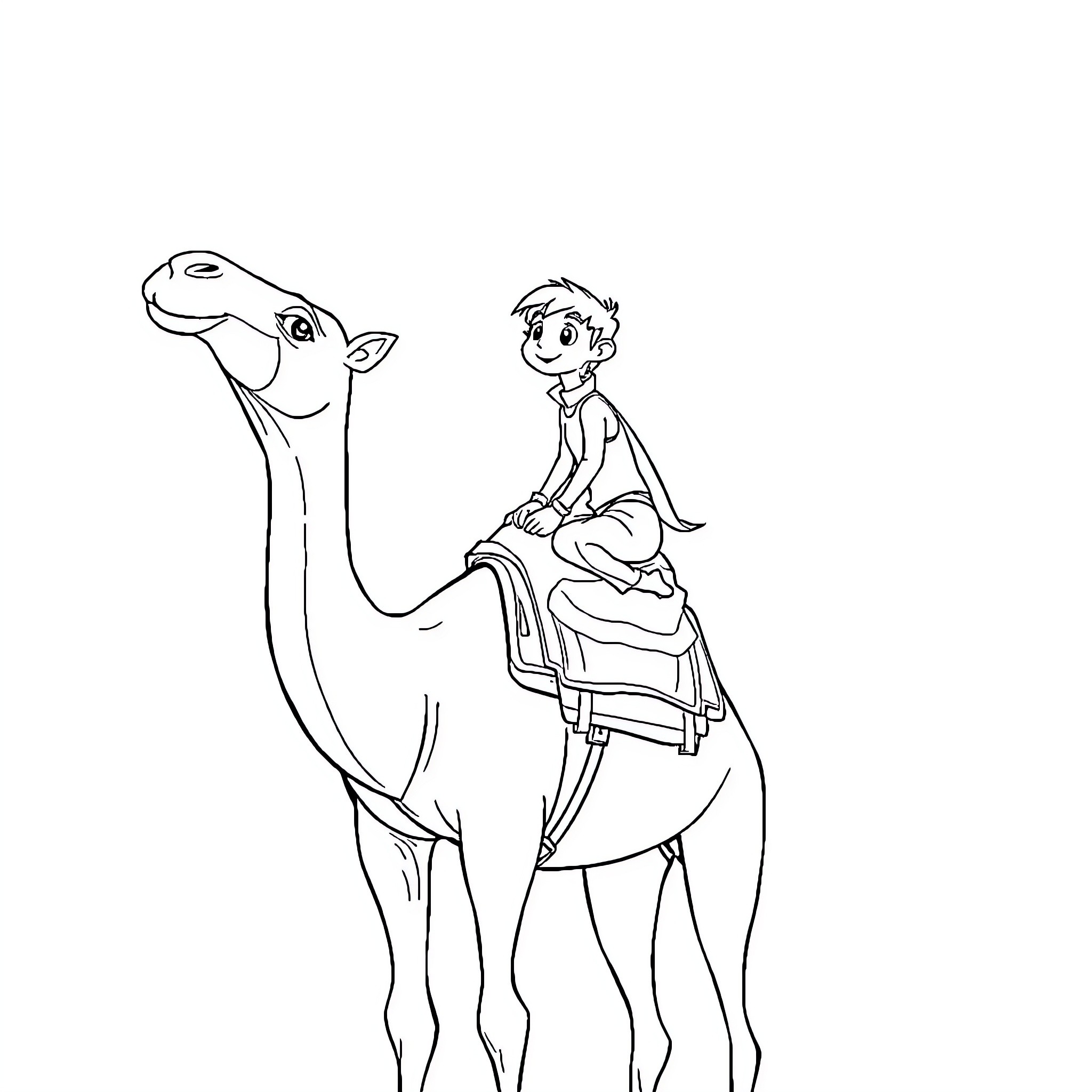 Tchoupi riding a camel in the desert Coloring Page (free black-and-white line drawing printable PDF for all, from beginners to advanced learners, including children, teens, adults, and seniors)