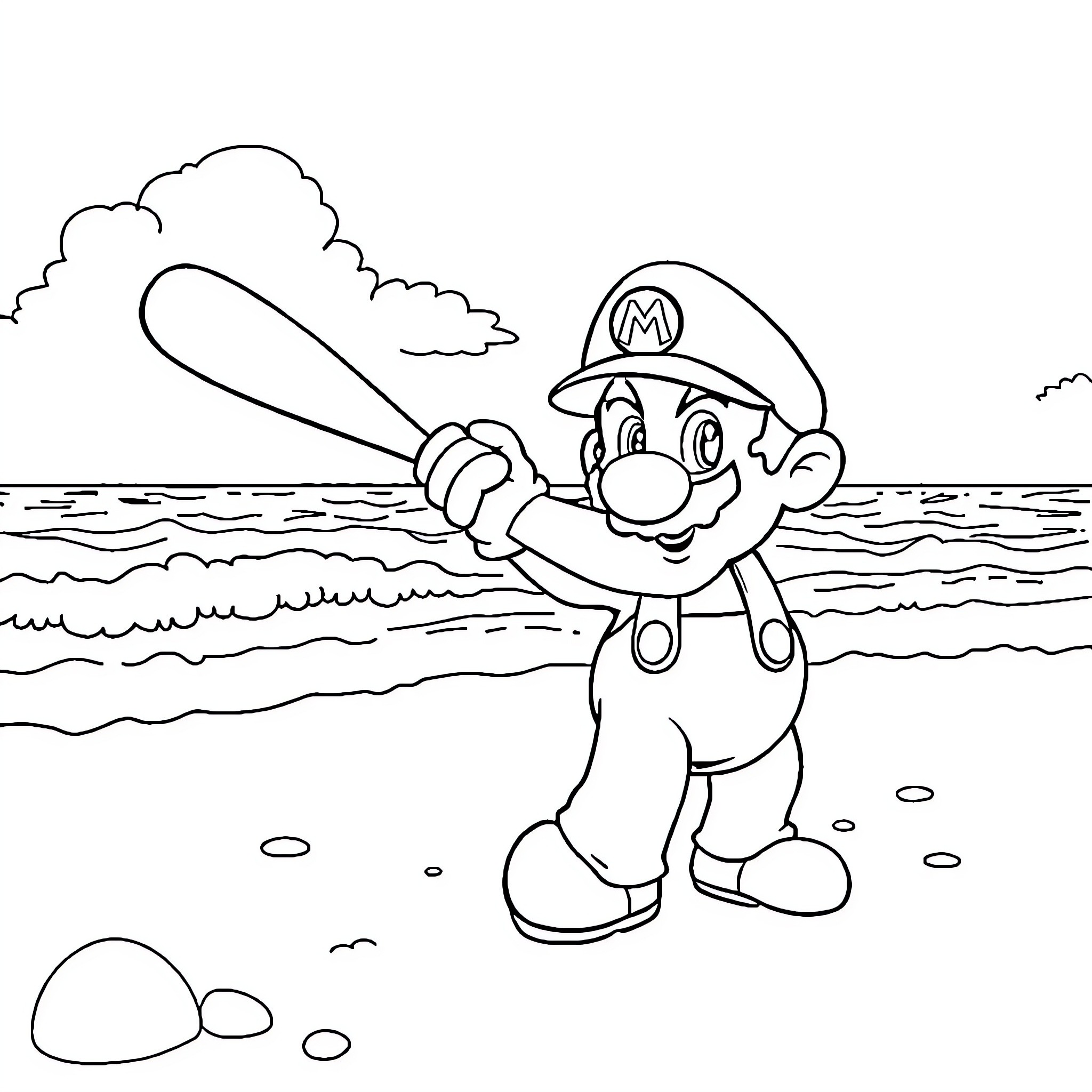 Mario swimming joyfully on the beach Coloring Page (free black-and-white line drawing printable PDF for all, from beginners to advanced learners, including children, teens, adults, and seniors)