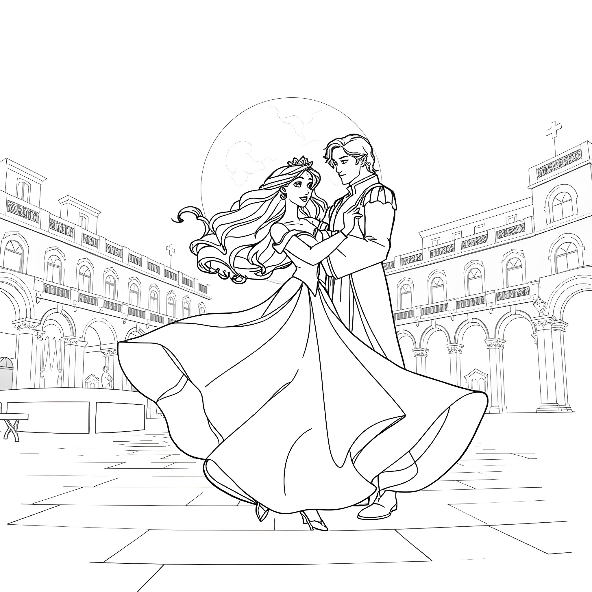 Esmeralda's Romantic Dance in the Town Square Coloring Page (free black-and-white line drawing printable PDF for all, from beginners to advanced learners, including children, teens, adults, and seniors)