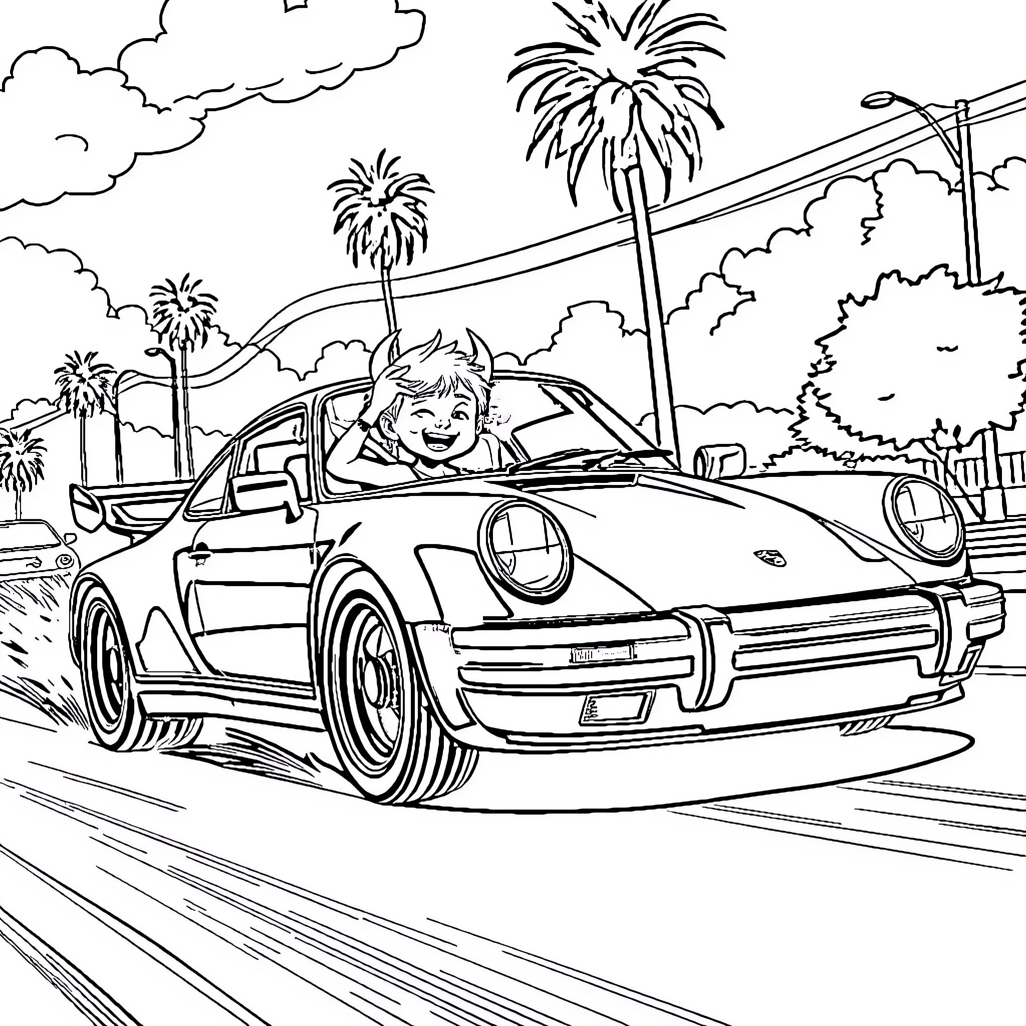 Porsche speeding through a palm-tree lined street Coloring Page (free black-and-white line drawing printable PDF for all, from beginners to advanced learners, including children, teens, adults, and seniors)