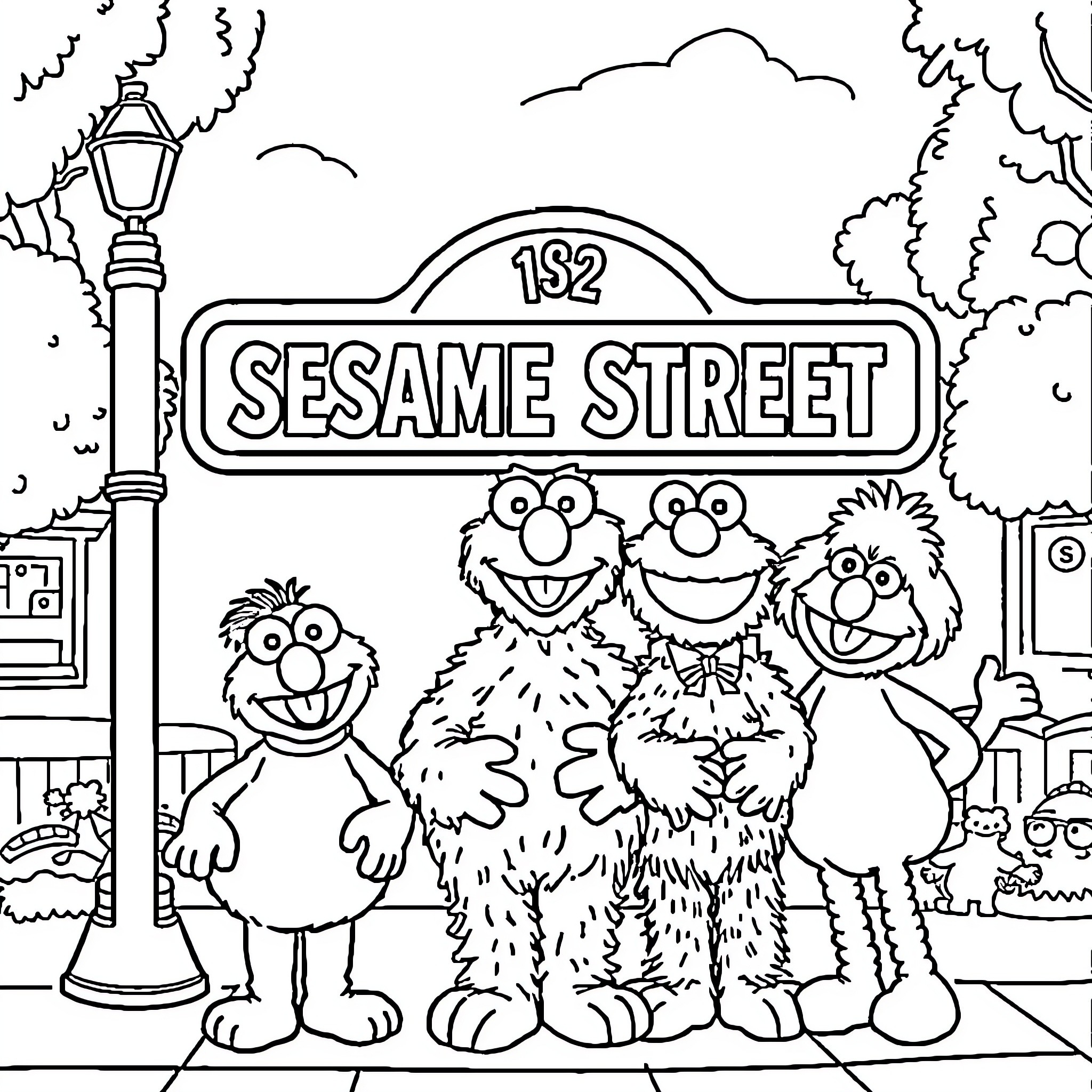 Sesame Street Character Enjoying Street Scene Together Coloring Page (free black-and-white line drawing printable PDF for all, from beginners to advanced learners, including children, teens, adults, and seniors)