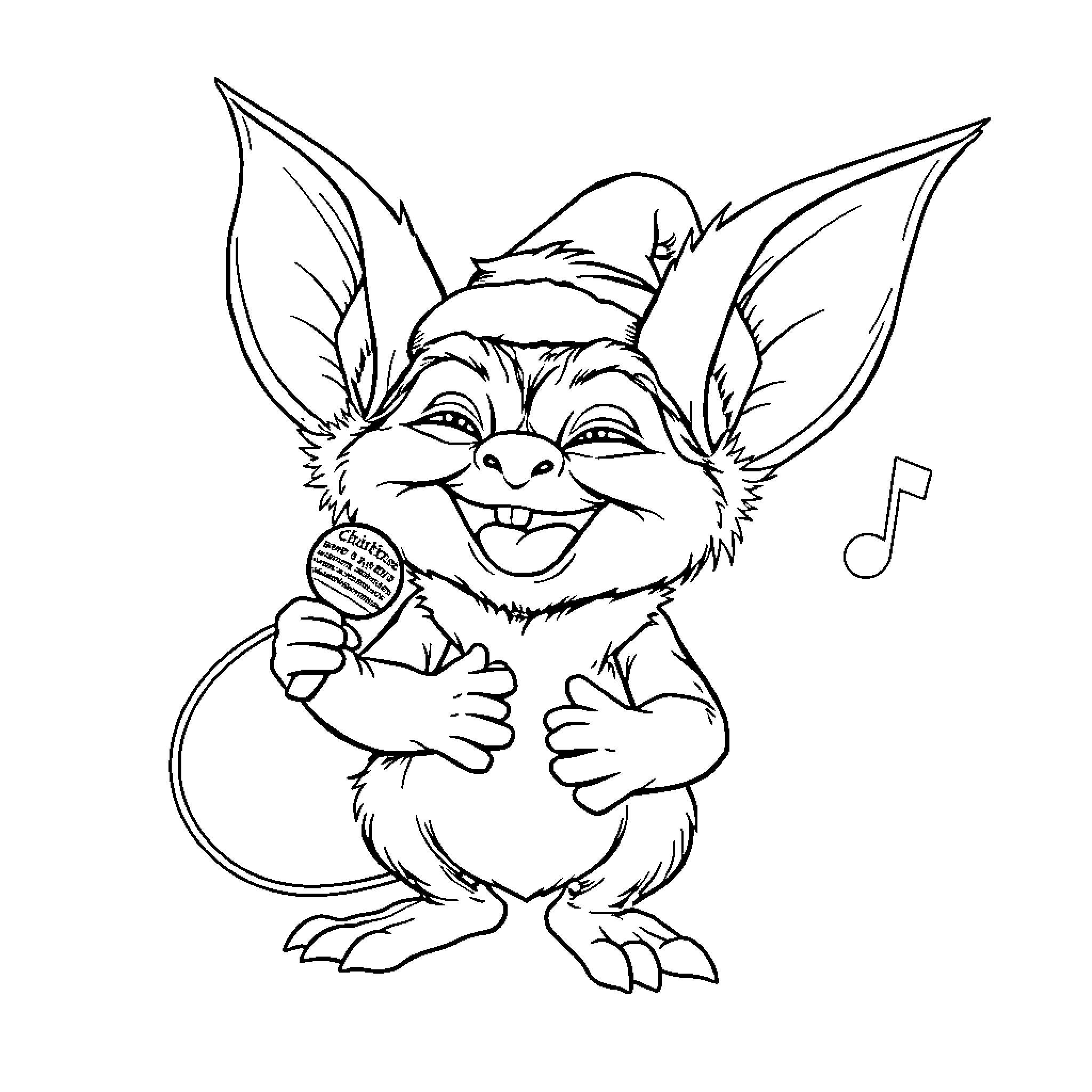 Gizmo singing joyfully with microphone Coloring Page (free black-and-white line drawing printable PDF for all, from beginners to advanced learners, including children, teens, adults, and seniors)