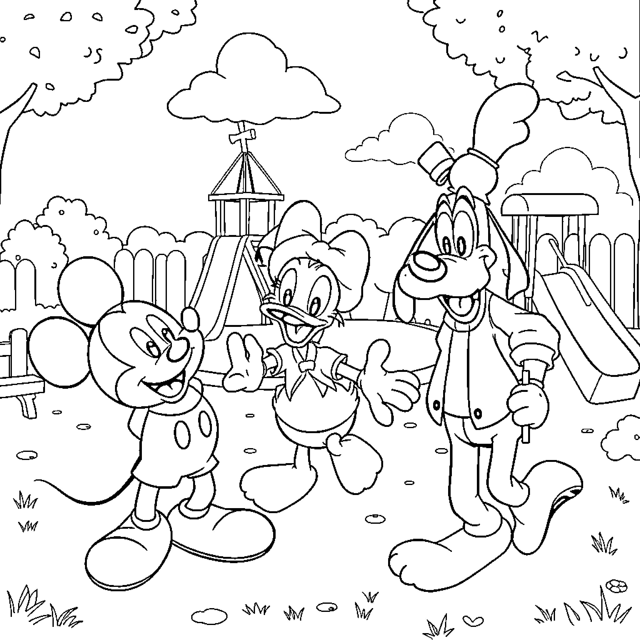 Mickey Mouse and friends enjoy a day at the park Coloring Page (free black-and-white line drawing printable PDF for all, from beginners to advanced learners, including children, teens, adults, and seniors)