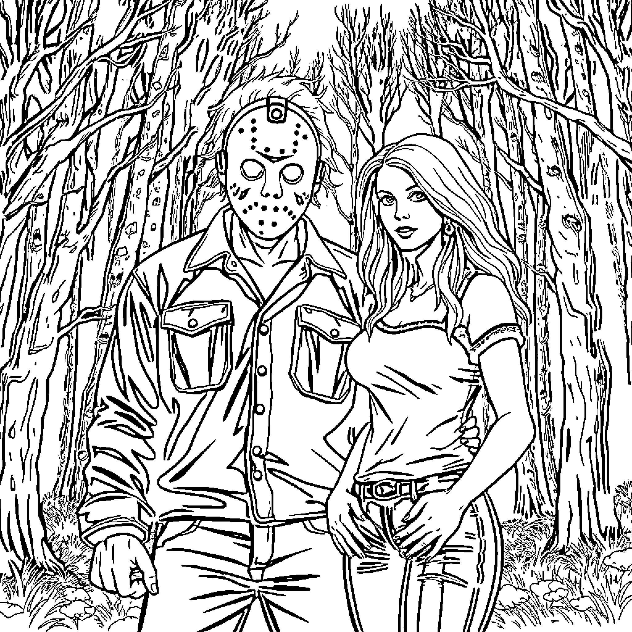 Jason Voorhees and his Companion in the Ominous Forest Coloring Page (free black-and-white line drawing printable PDF for all, from beginners to advanced learners, including children, teens, adults, and seniors)