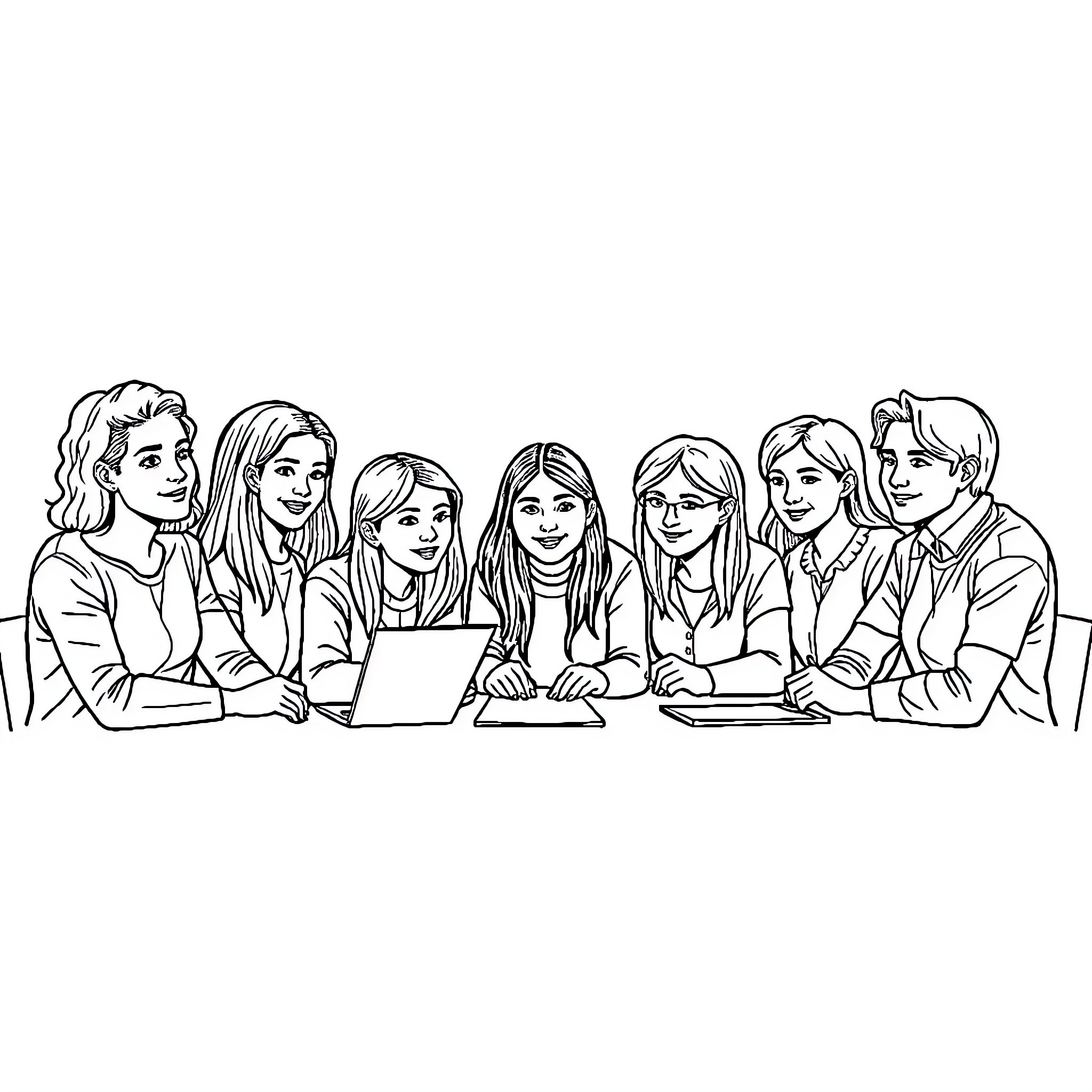 Formateur Team Working Together Collaboratively Coloring Page (free black-and-white line drawing printable PDF for all, from beginners to advanced learners, including children, teens, adults, and seniors)