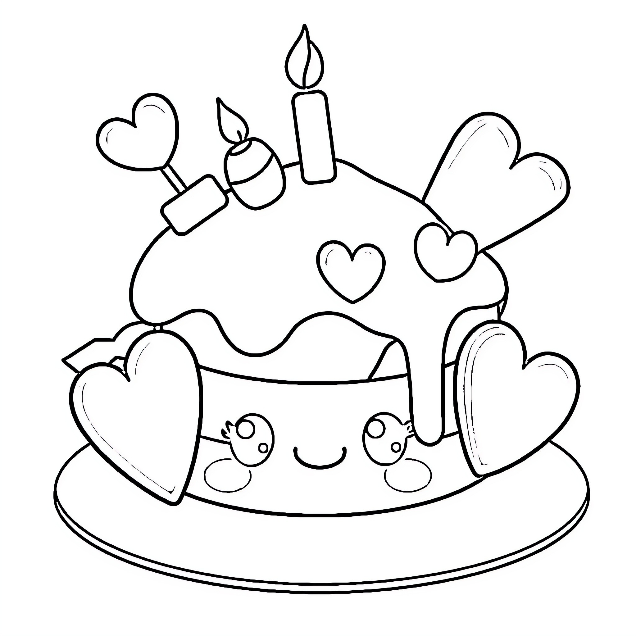 Cake with hearts and candle Coloring Page (free black-and-white line drawing printable PDF for all, from beginners to advanced learners, including children, teens, adults, and seniors)