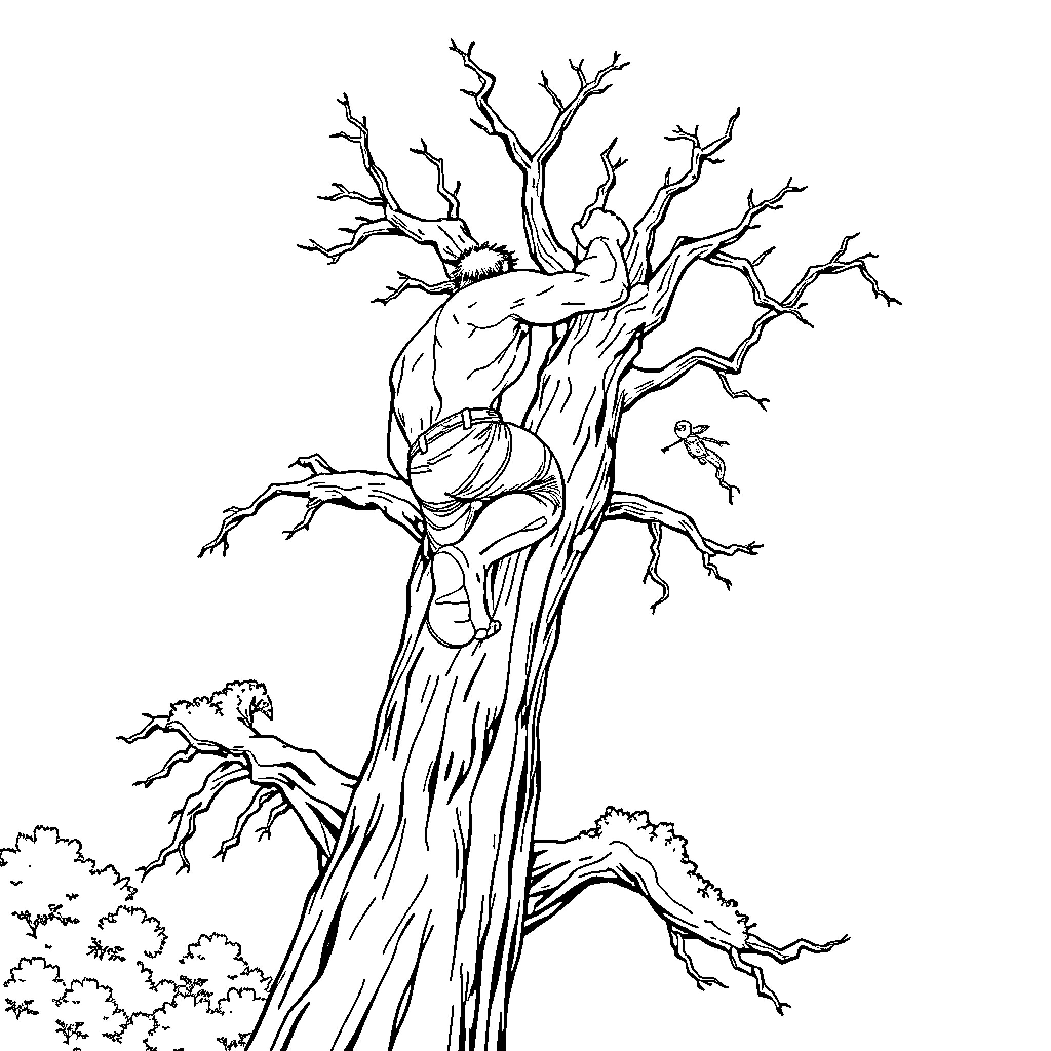 Hulk embracing twisted, gnarled tree branches Coloring Page (free black-and-white line drawing printable PDF for all, from beginners to advanced learners, including children, teens, adults, and seniors)