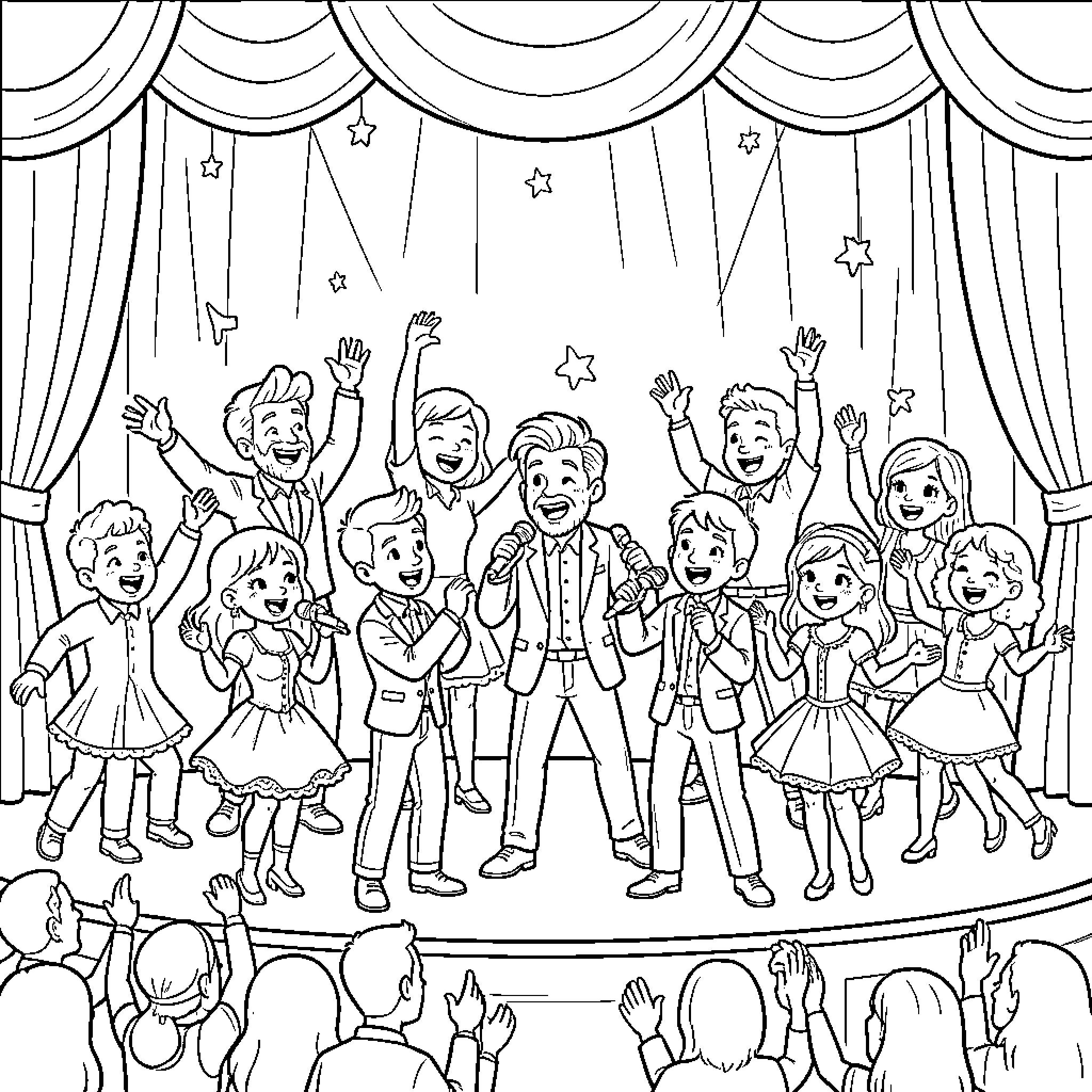 Kpop group performing energetic dance and songs on stage Coloring Page (free black-and-white line drawing printable PDF for all, from beginners to advanced learners, including children, teens, adults, and seniors)