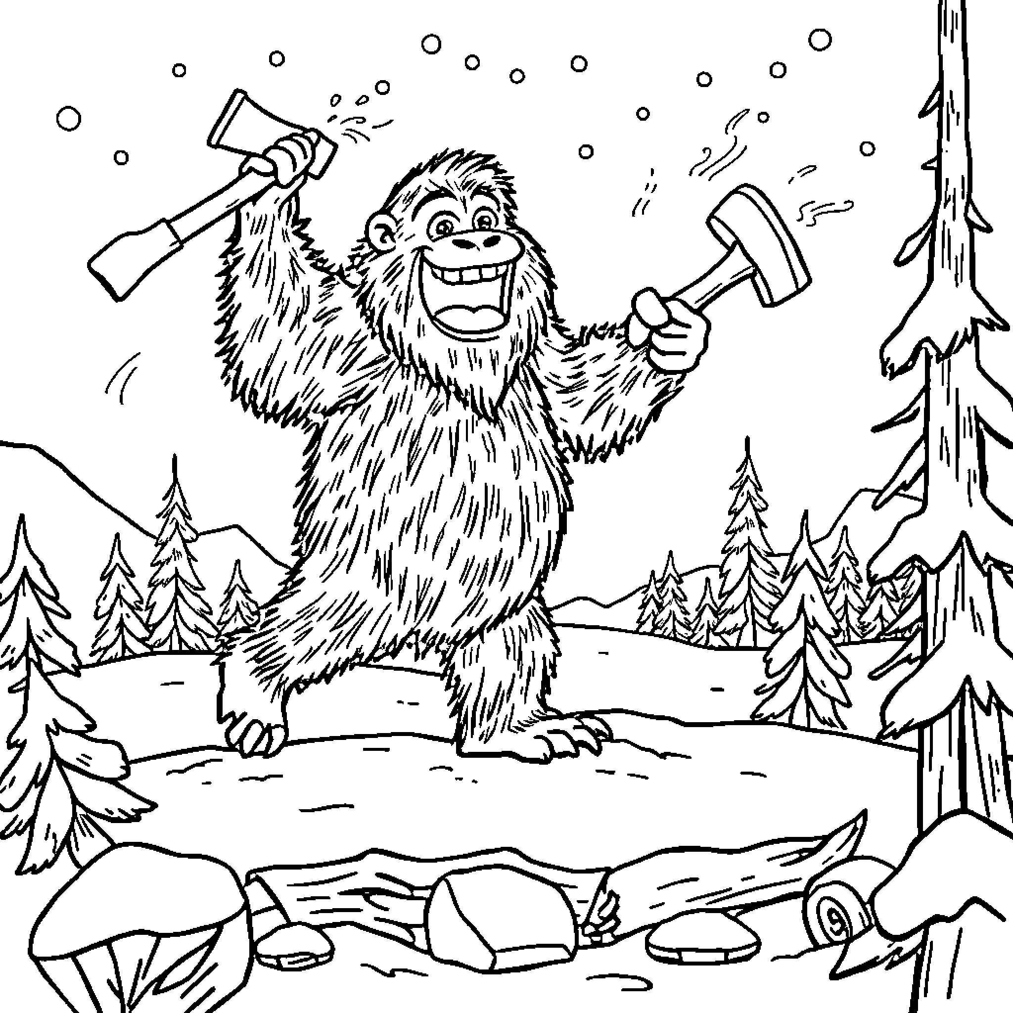 Sasquatch happily chopping wood in snowy forest Coloring Page (free black-and-white line drawing printable PDF for all, from beginners to advanced learners, including children, teens, adults, and seniors)