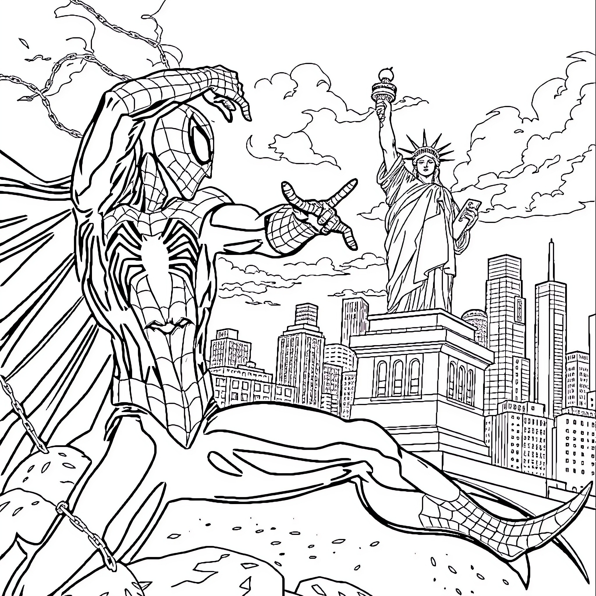 Spider-Man swinging through the city skyline Coloring Page (free black-and-white line drawing printable PDF for all, from beginners to advanced learners, including children, teens, adults, and seniors)