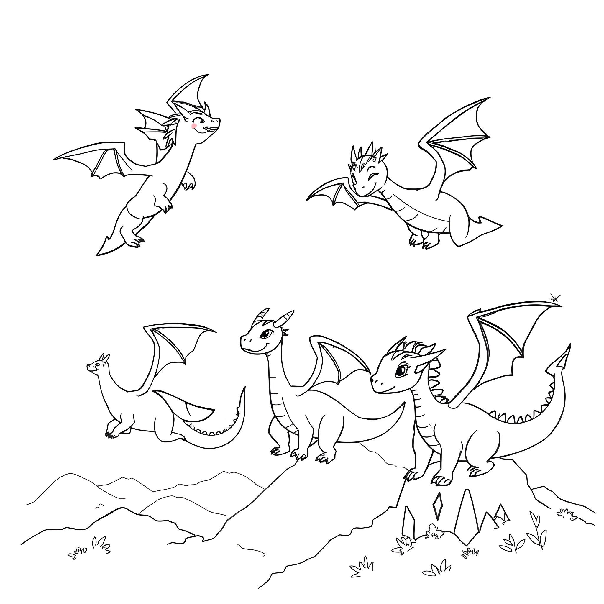 Dragon Figures in Fantasy Landscape Coloring Page (free black-and-white line drawing printable PDF for all, from beginners to advanced learners, including children, teens, adults, and seniors)