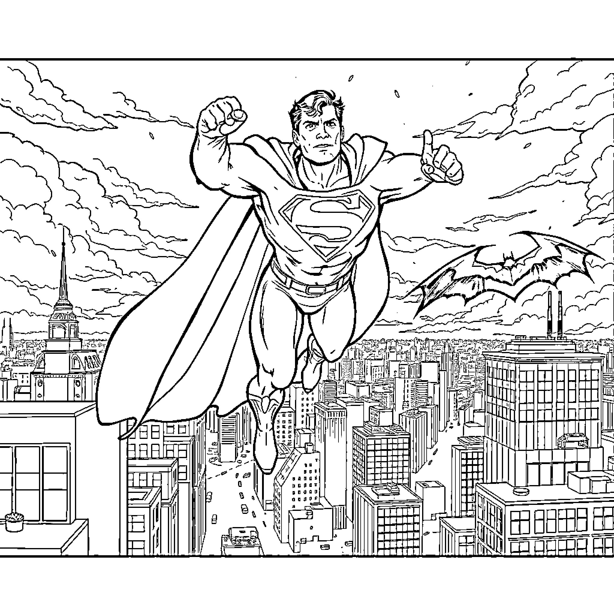 Superman soaring over the city in heroic pose Coloring Page (free black-and-white line drawing printable PDF for all, from beginners to advanced learners, including children, teens, adults, and seniors)