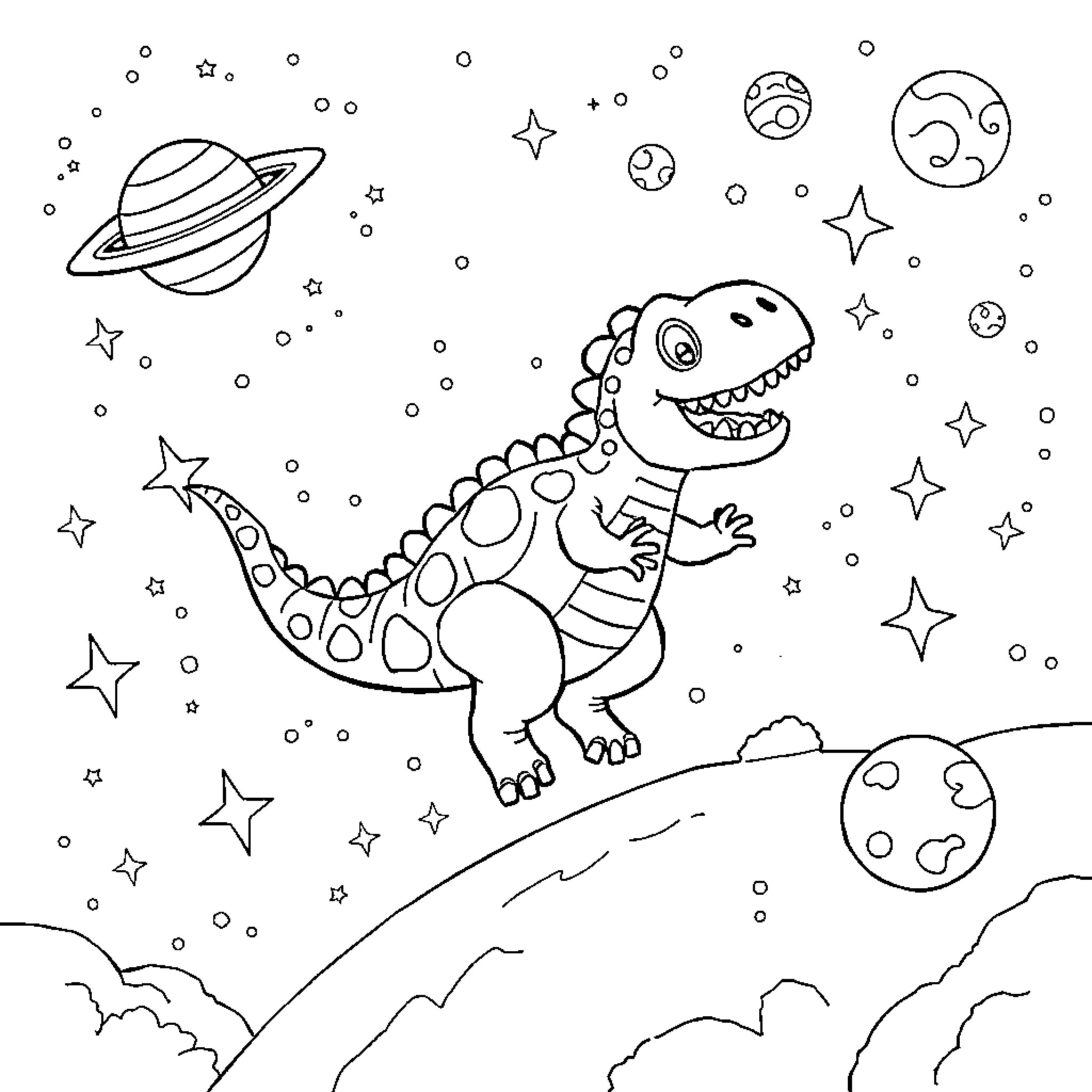 Dinosaur explores the cosmic space Coloring Page (free black-and-white line drawing printable PDF for all, from beginners to advanced learners, including children, teens, adults, and seniors)