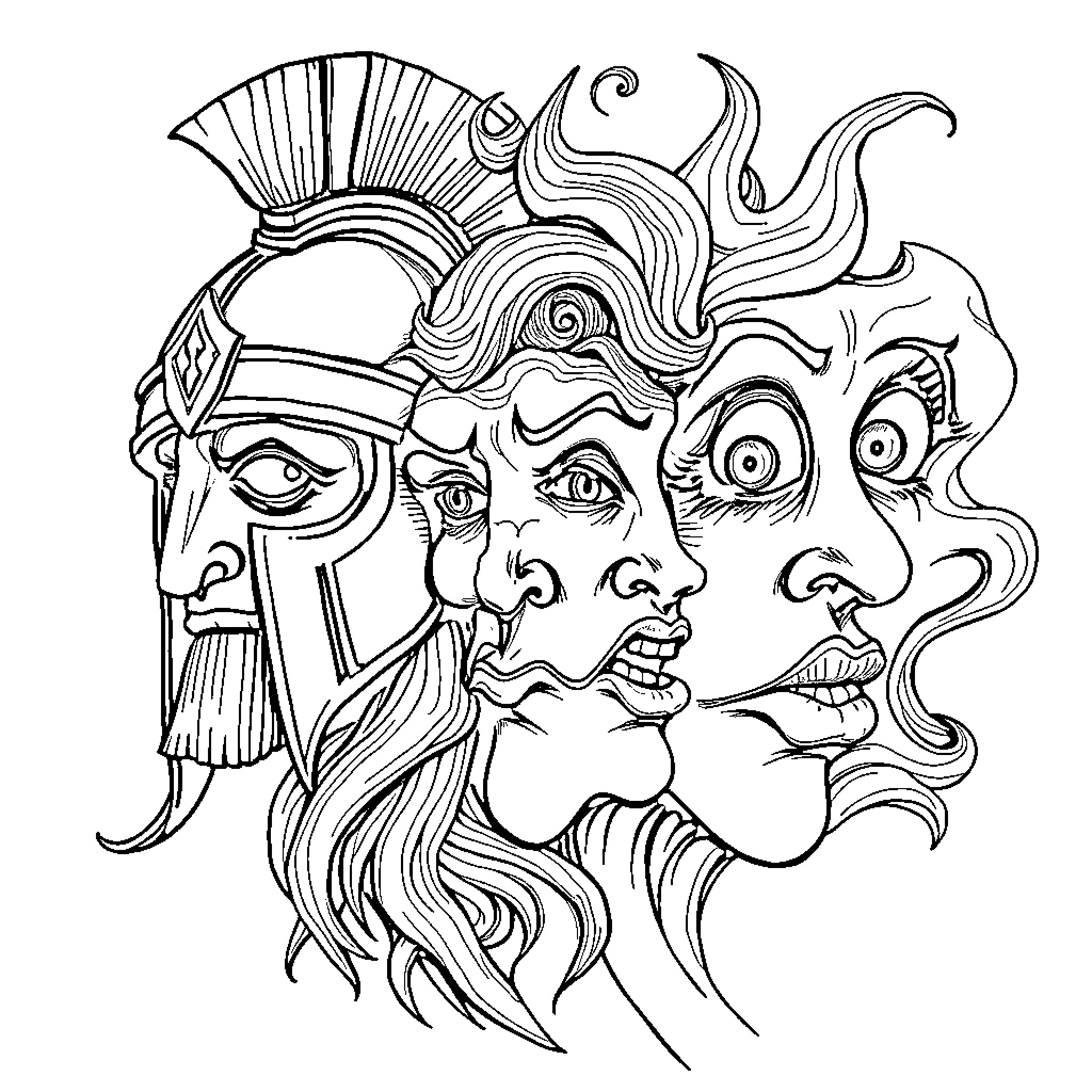 Face of Mythical Creature with Elaborate Headpiece Coloring Page (free black-and-white line drawing printable PDF for all, from beginners to advanced learners, including children, teens, adults, and seniors)