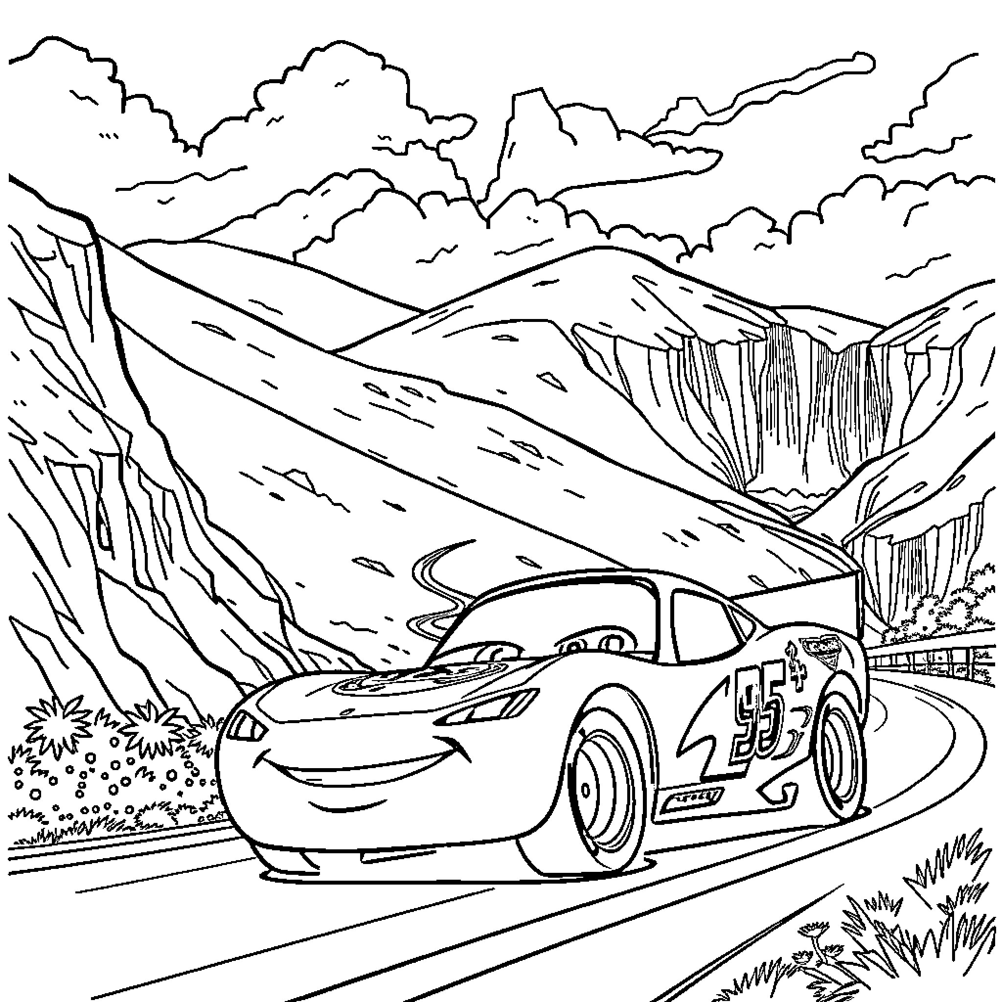 Rayo McQueen racing through the mountainous landscape Coloring Page (free black-and-white line drawing printable PDF for all, from beginners to advanced learners, including children, teens, adults, and seniors)