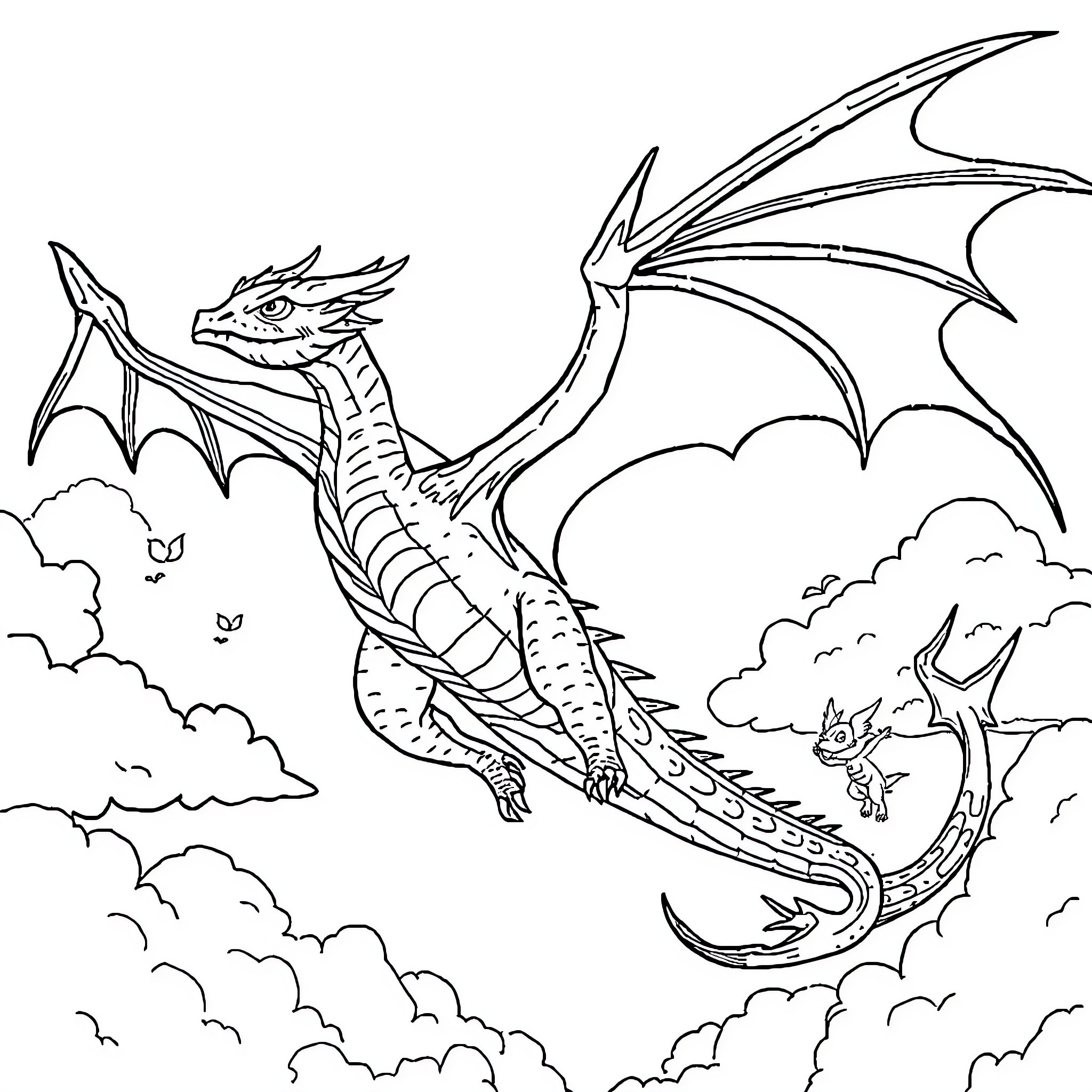 Lava Wyvern soaring through cloudy skies Coloring Page (free black-and-white line drawing printable PDF for all, from beginners to advanced learners, including children, teens, adults, and seniors)