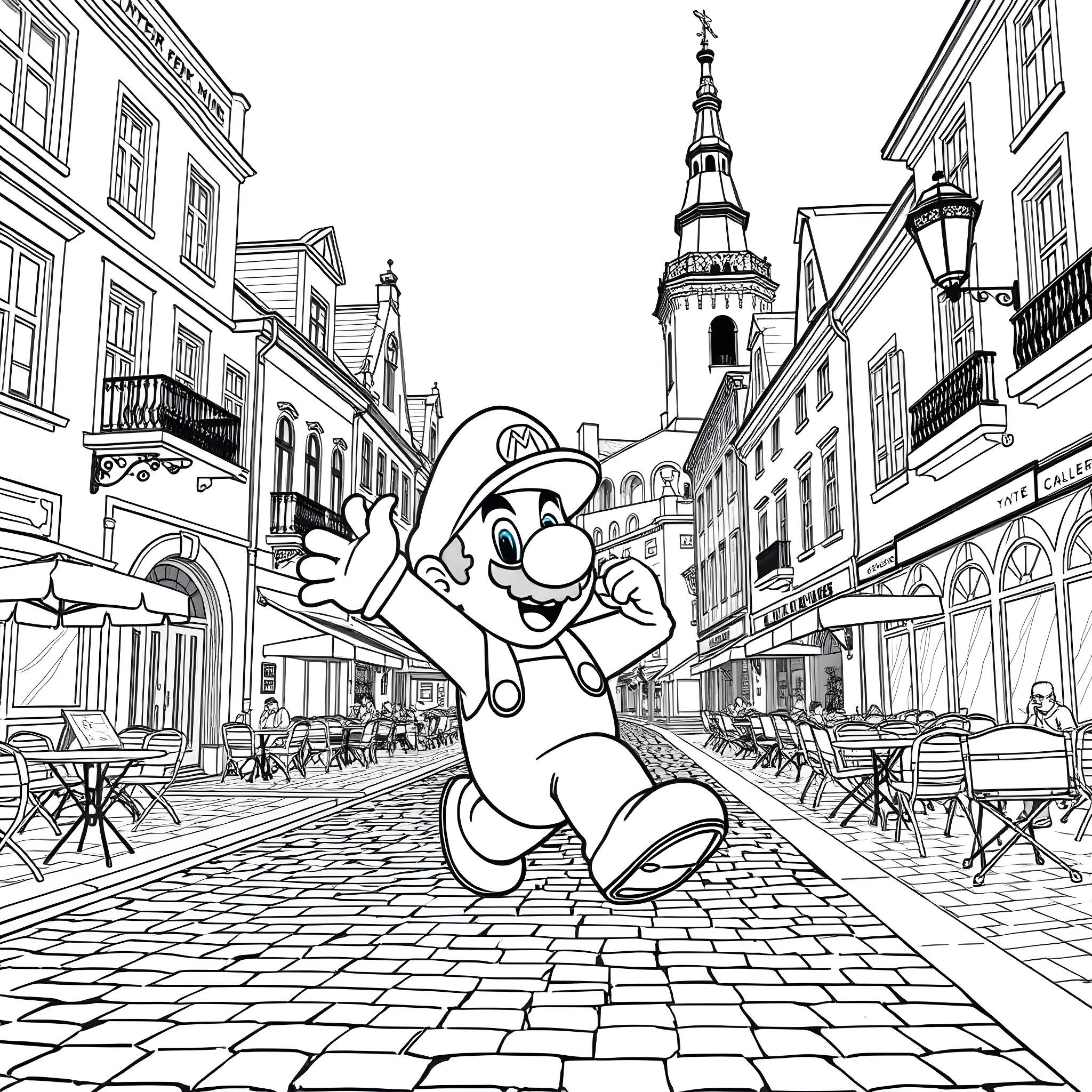Super Mario Exploring a Vibrant Medieval Town Coloring Page (free black-and-white line drawing printable PDF for all, from beginners to advanced learners, including children, teens, adults, and seniors)