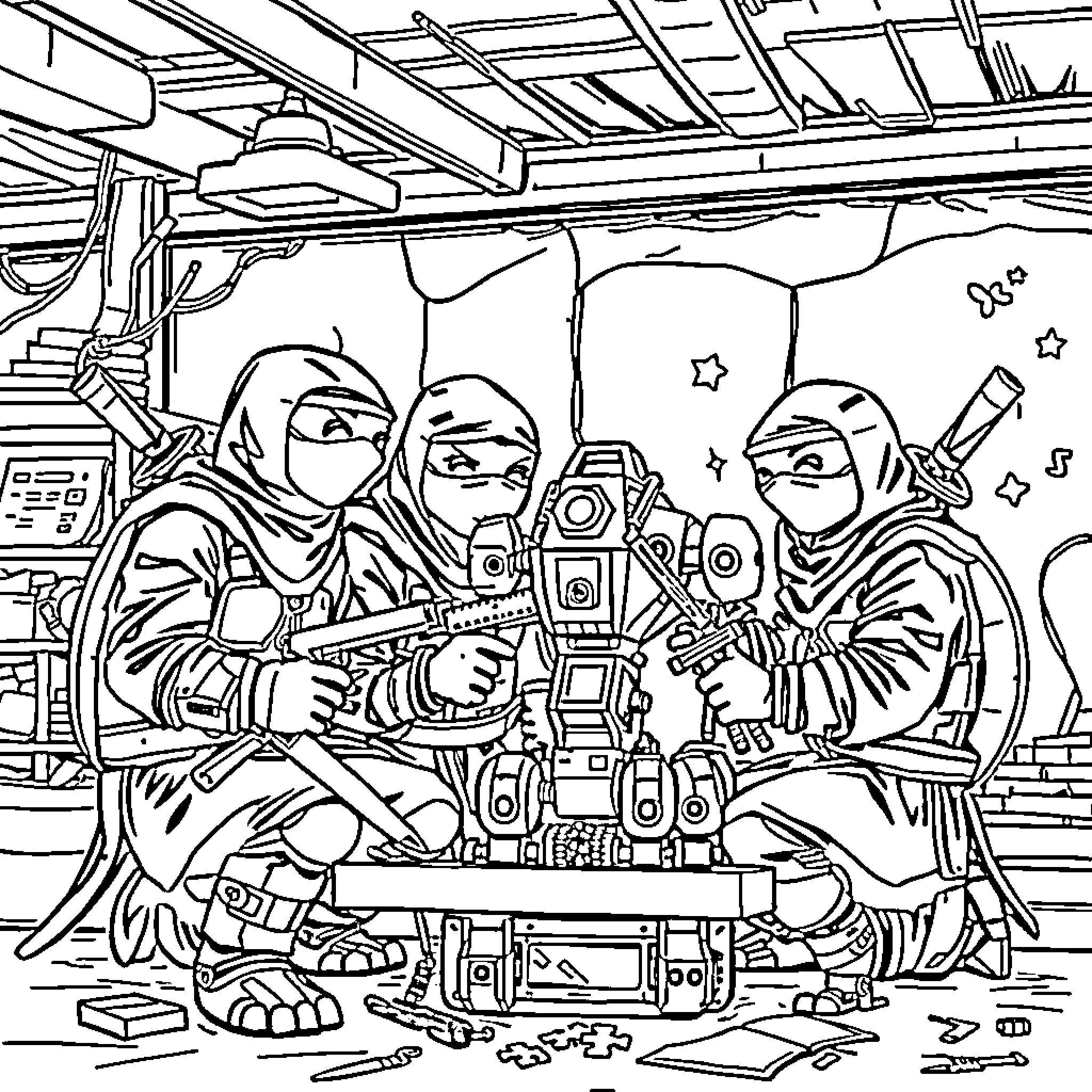 Turtle soldiers in military gear preparing for combat Coloring Page (free black-and-white line drawing printable PDF for all, from beginners to advanced learners, including children, teens, adults, and seniors)