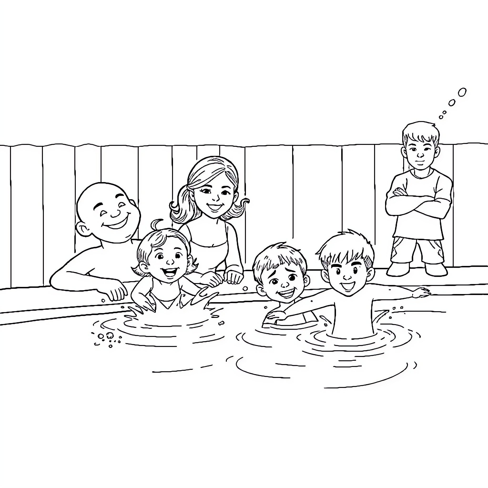 Family enjoying a day at the pool Coloring Page (free black-and-white line drawing printable PDF for all, from beginners to advanced learners, including children, teens, adults, and seniors)