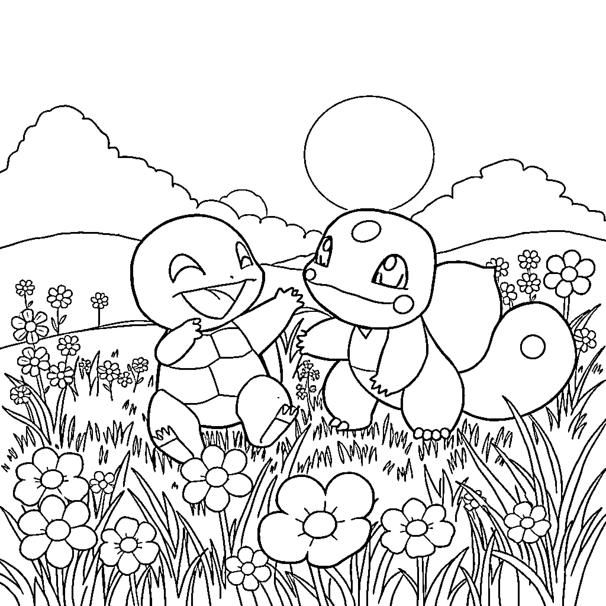 Squirtle enjoying a playful day in the flower meadow Coloring Page (free black-and-white line drawing printable PDF for all, from beginners to advanced learners, including children, teens, adults, and seniors)