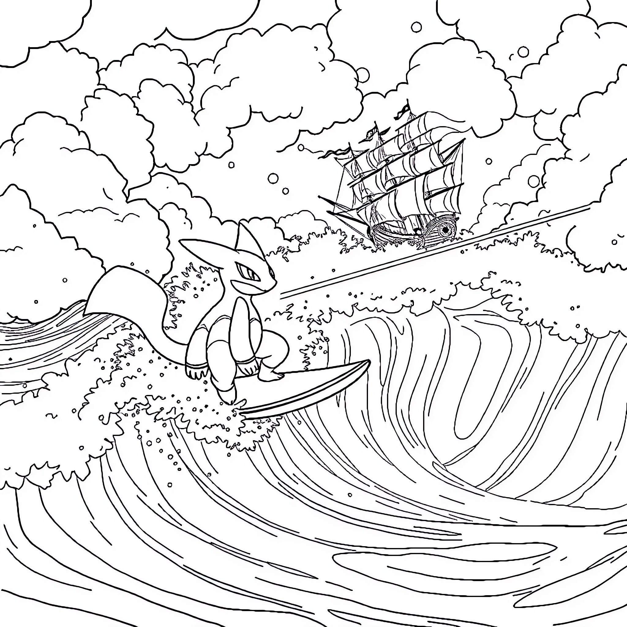 Leviator sailing through rough seas Coloring Page (free black-and-white line drawing printable PDF for all, from beginners to advanced learners, including children, teens, adults, and seniors)