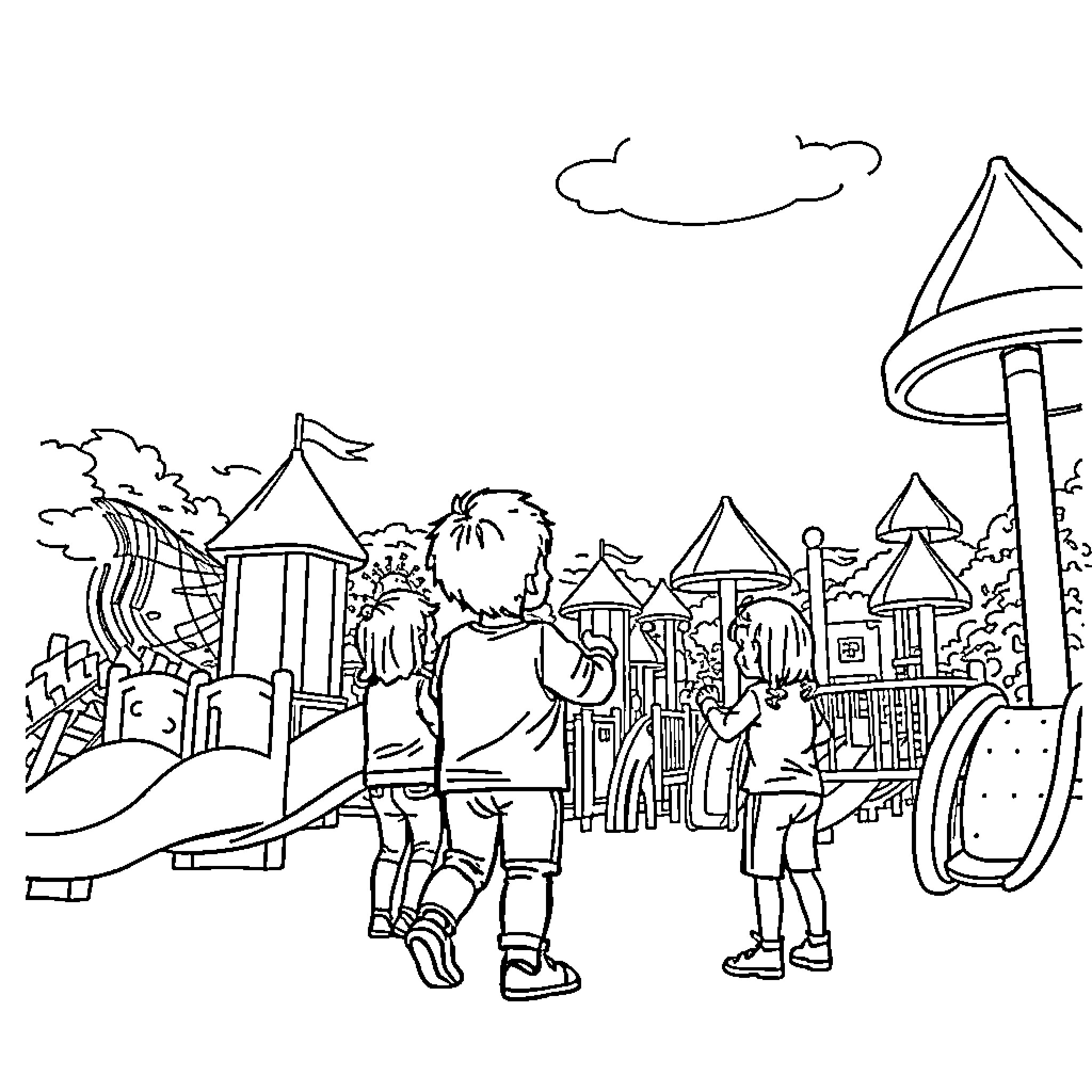 Squid-themed amusement park with playful characters Coloring Page (free black-and-white line drawing printable PDF for all, from beginners to advanced learners, including children, teens, adults, and seniors)