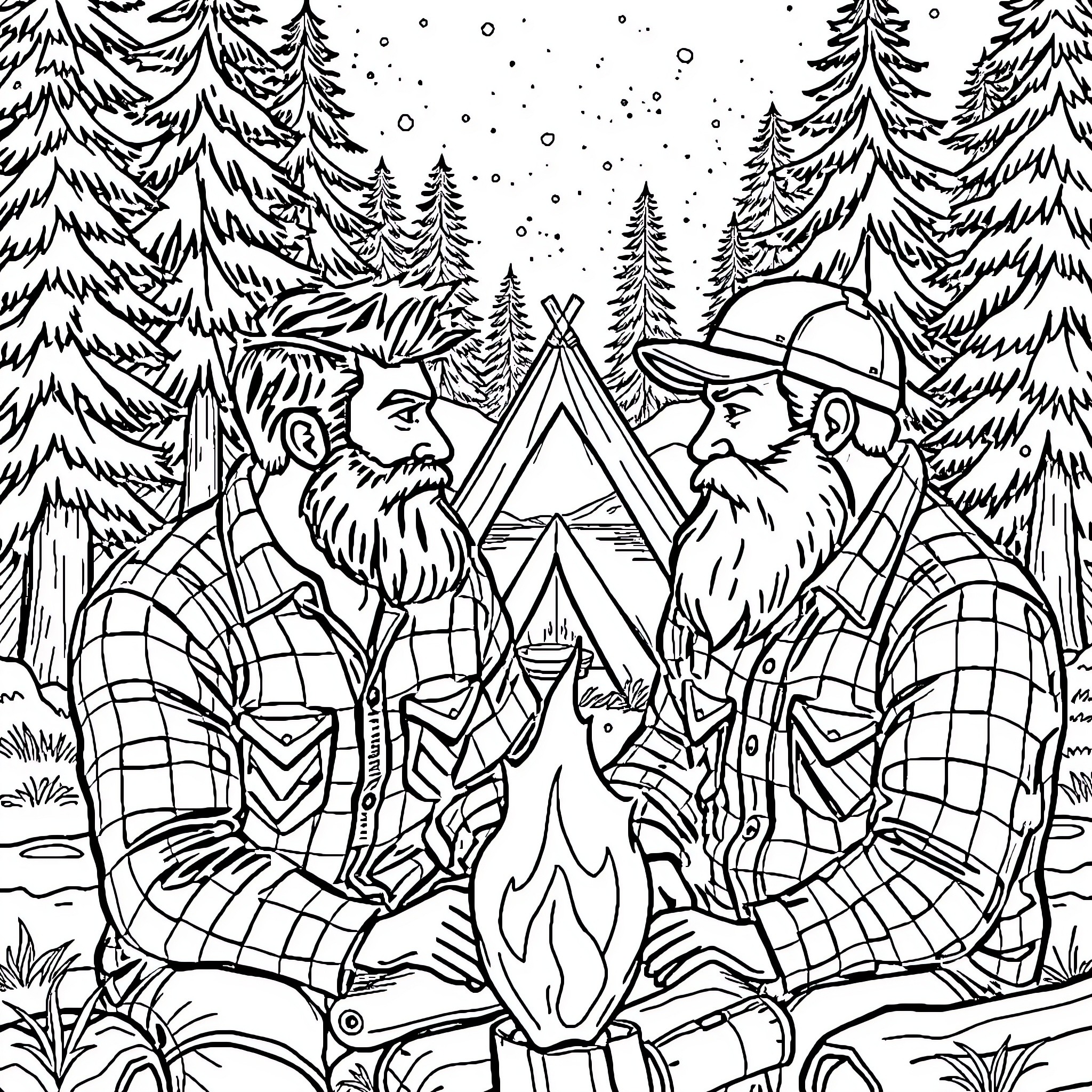 Lumberjack's cozy campfire in the snowy forest Coloring Page (free black-and-white line drawing printable PDF for all, from beginners to advanced learners, including children, teens, adults, and seniors)