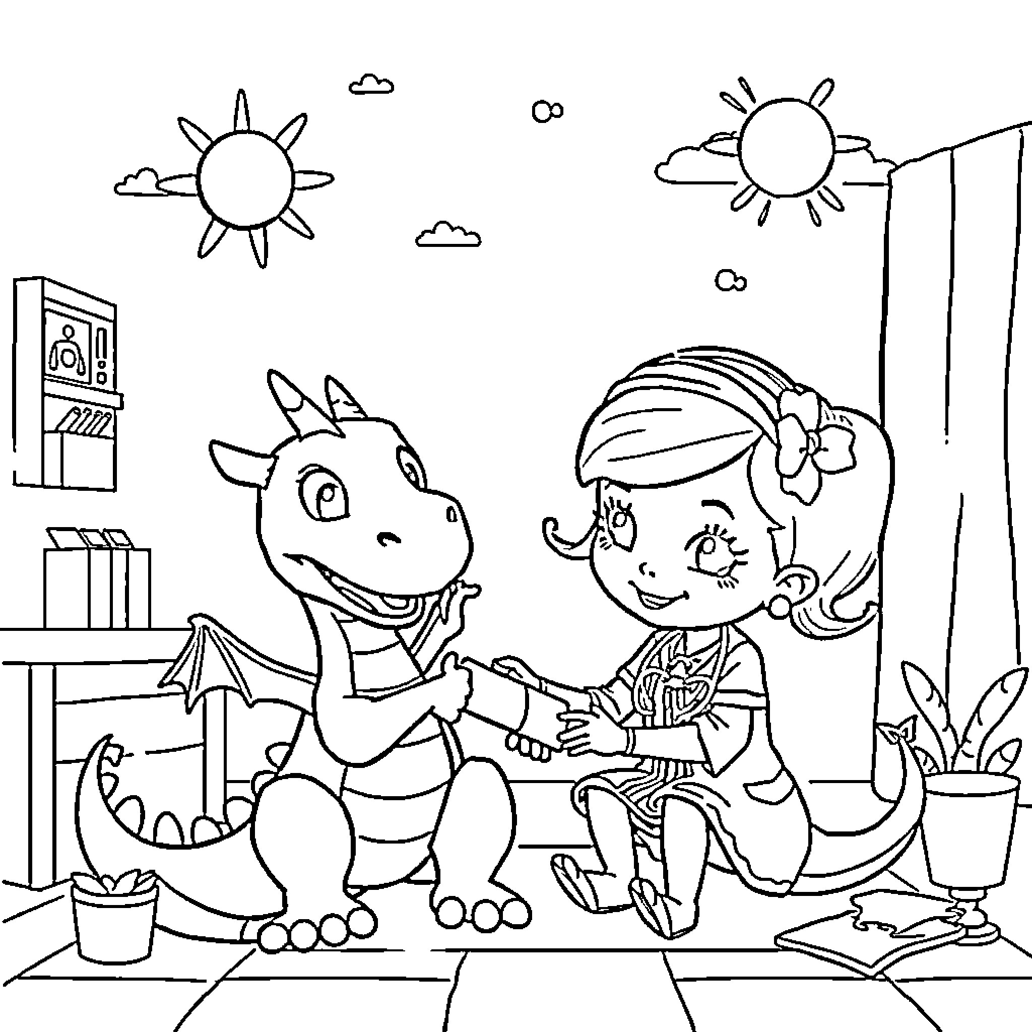 Doc McStuffins playing with her dragon friend Coloring Page (free black-and-white line drawing printable PDF for all, from beginners to advanced learners, including children, teens, adults, and seniors)