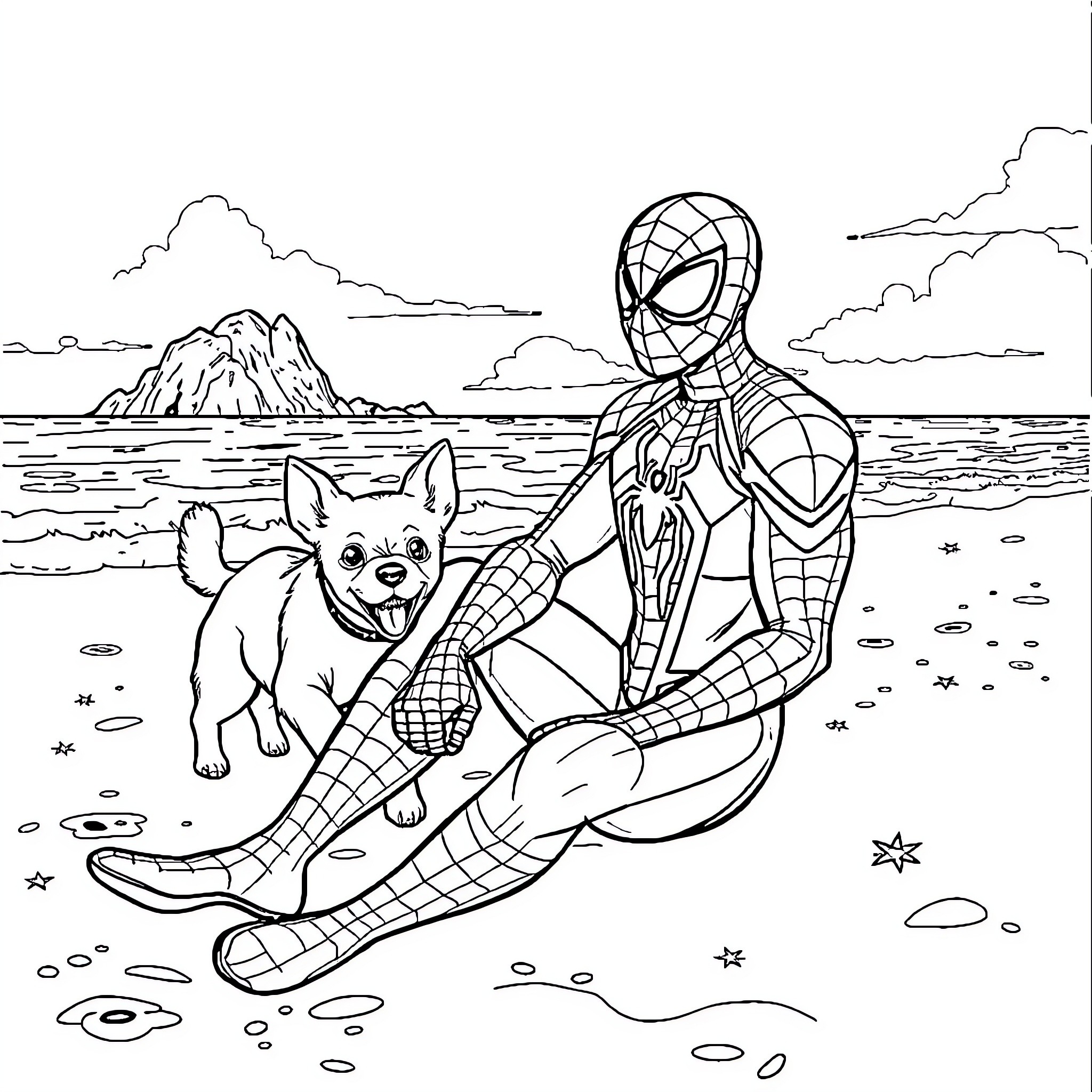 Spiderman plays with a puppy on the beach Coloring Page (free black-and-white line drawing printable PDF for all, from beginners to advanced learners, including children, teens, adults, and seniors)